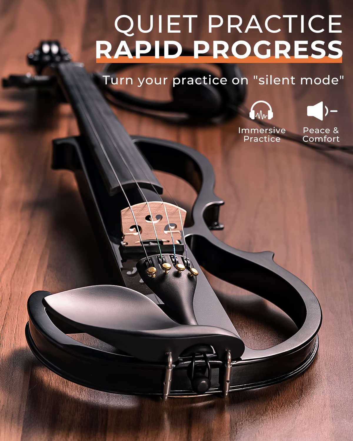 Vangoa 4/4 Full Size Electric Violin - Solid Wood Silent Electric Fiddle with Ebony Fittings & Beginner Kit for Adults & Teens (Black Metallic) | Perfect for Practice, Performances & Studio Recording