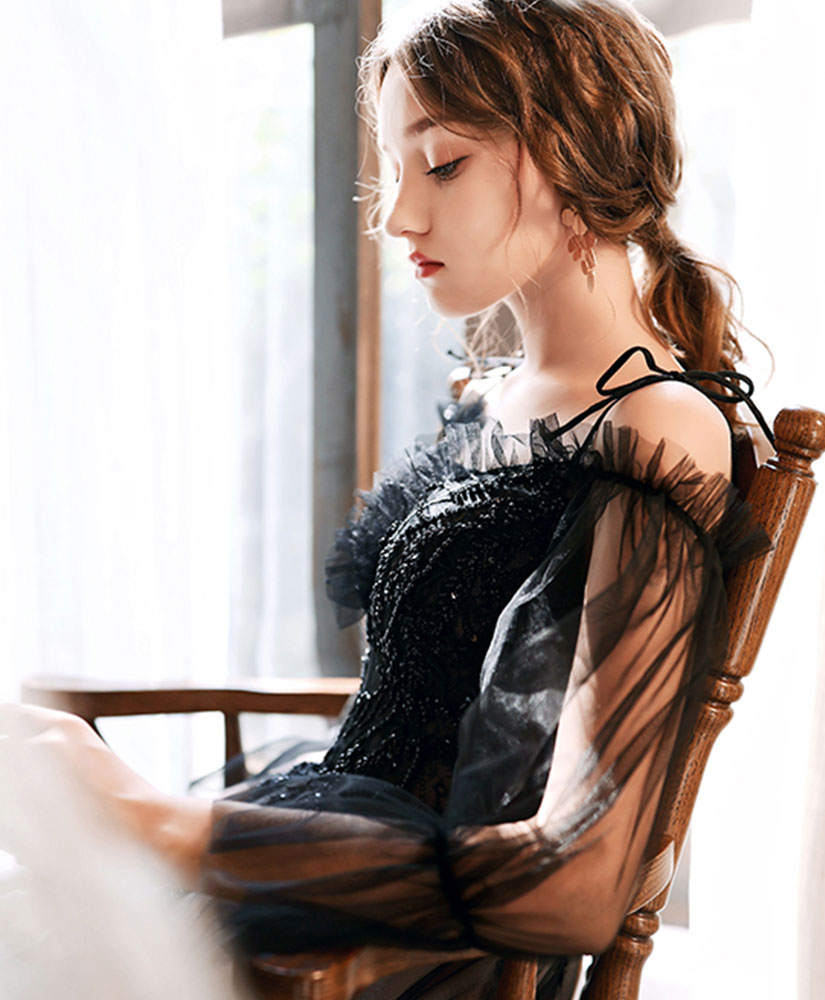 Elegant Black Tulle Lace Long Prom Dress with Sheer Sleeves - Formal Evening Gown for Homecoming, Wedding, and Special Occasions