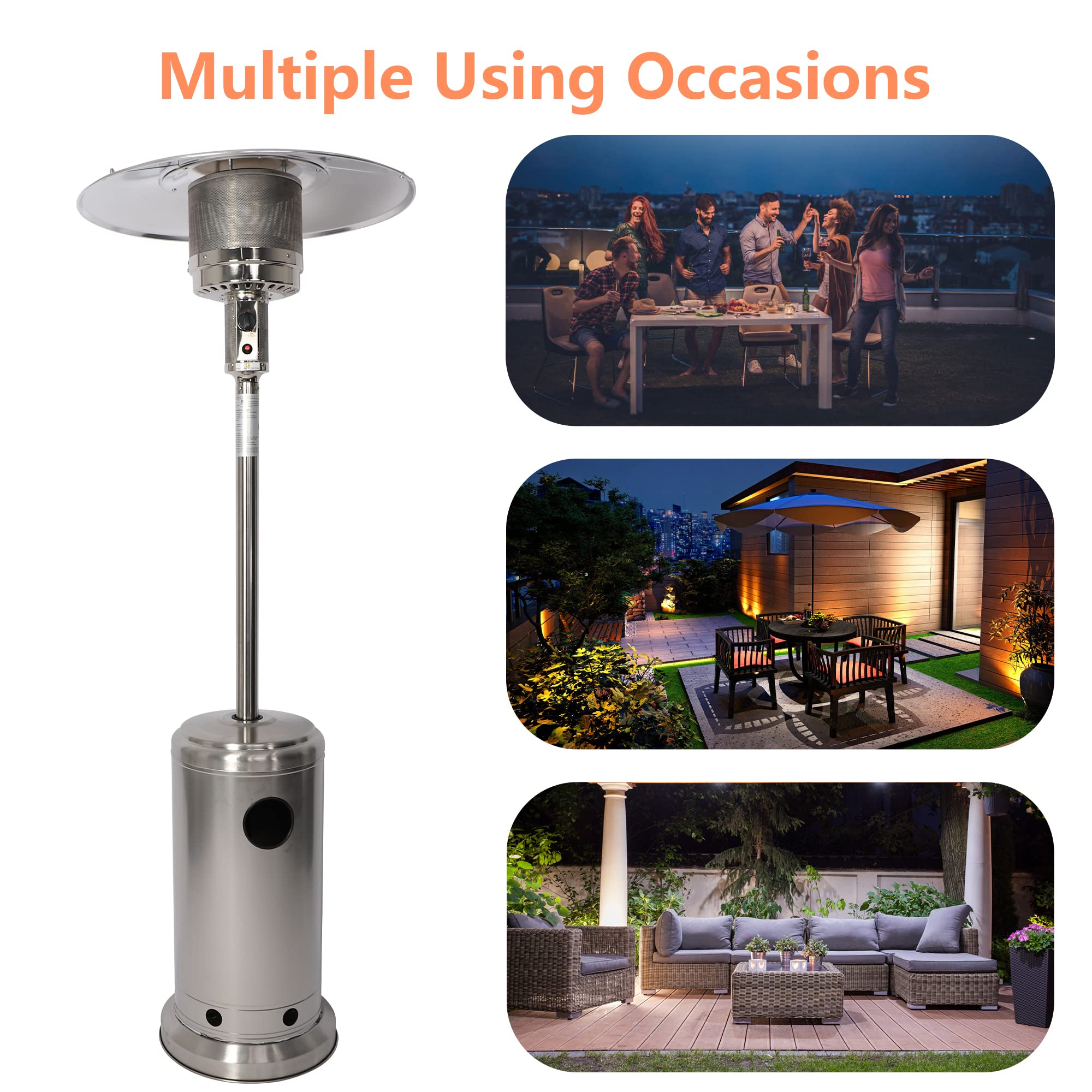 Stainless Steel Outdoor Patio Heater - 48,000 BTU LP Propane Standing Heater with Anti-Tilt Safety Switch for Garden, Wedding, Party & Backyard Use (Silver) - Perfect for Outdoor Dining, Poolside & Cold Weather Gatherings