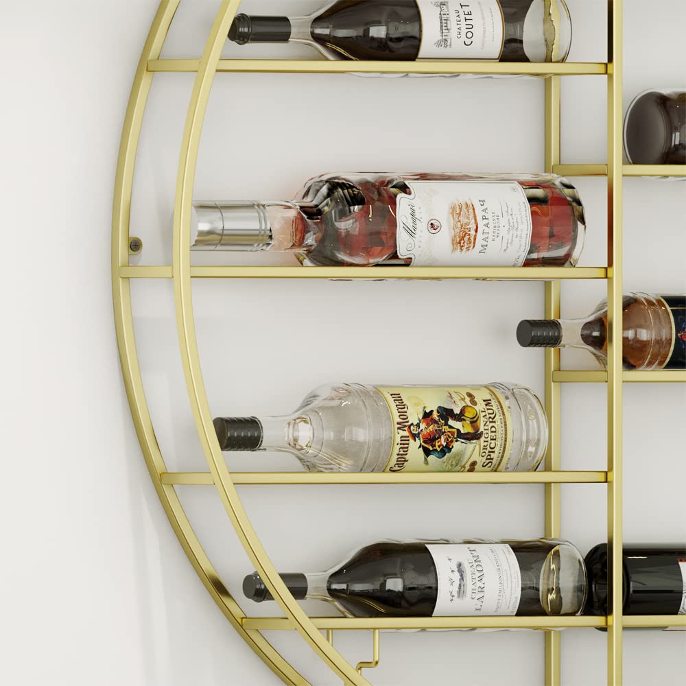12 Bottle Wall Mounted Wine Rack - Gold Metal Bar Shelf with Glass Holder - Hanging Display for Home Bar, Dining Room & Kitchen (35.5