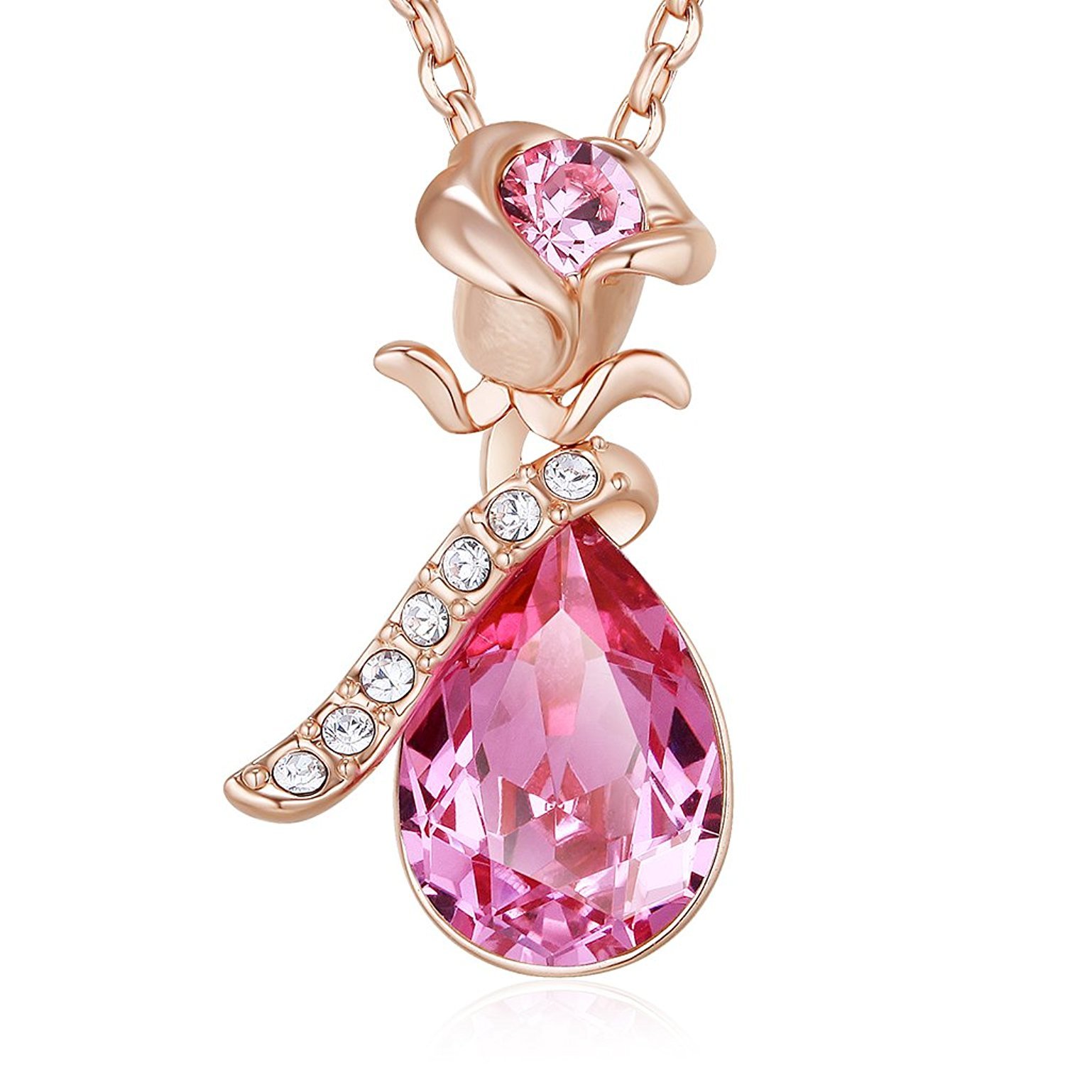 FUJIN Rose Necklace for Women - 18K Rose Gold & White Gold Plated Hypoallergenic Crystal Necklace with Swarovski Elements - Elegant Jewelry Gift for Mom, Wife, Girlfriend - Perfect for Weddings, Anniversaries & Special Occasions