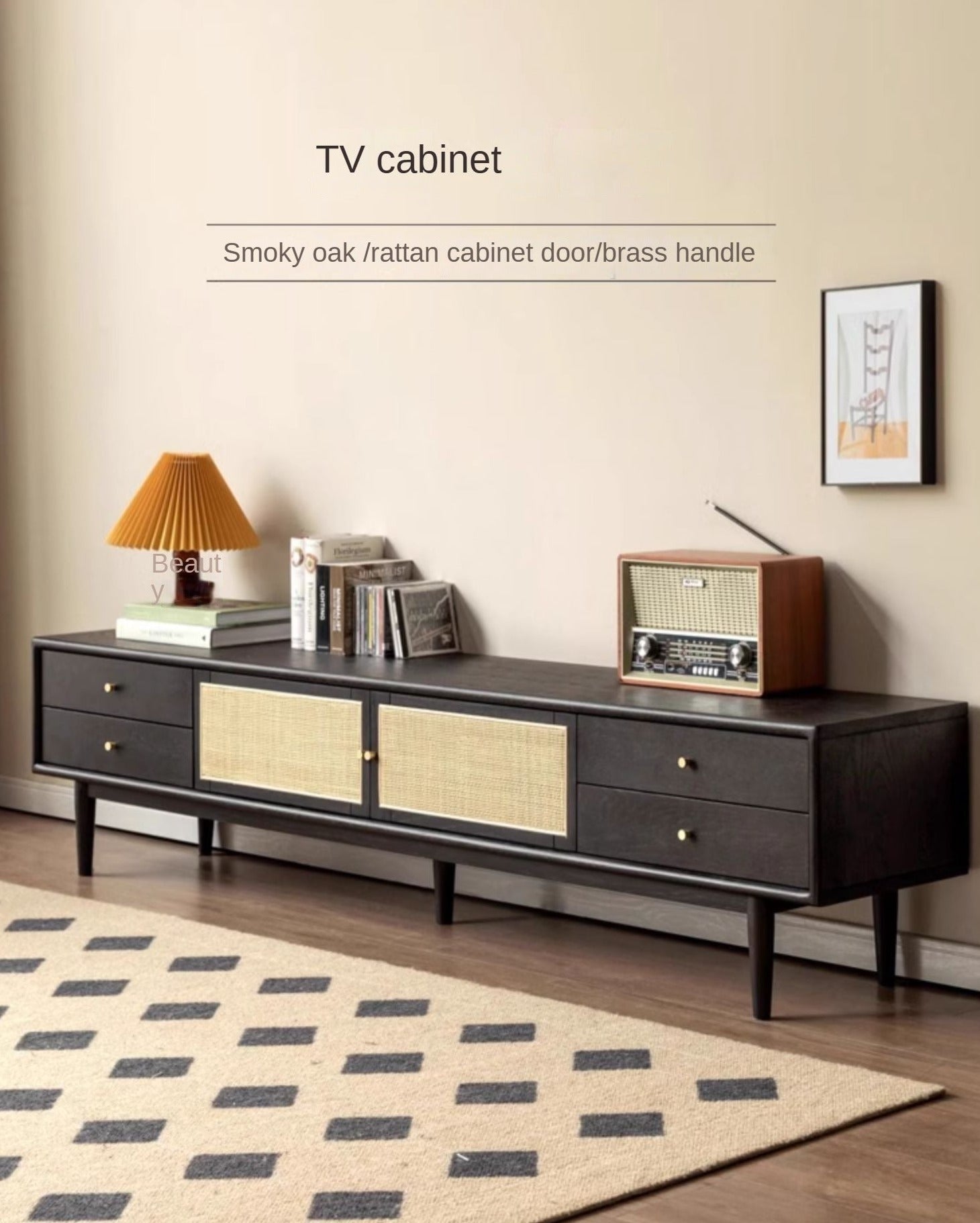 Solid Oak Wood Rattan TV Stand with 4 Drawers - Smoked Finish for Living Room, Bedroom & Home Theater Storage