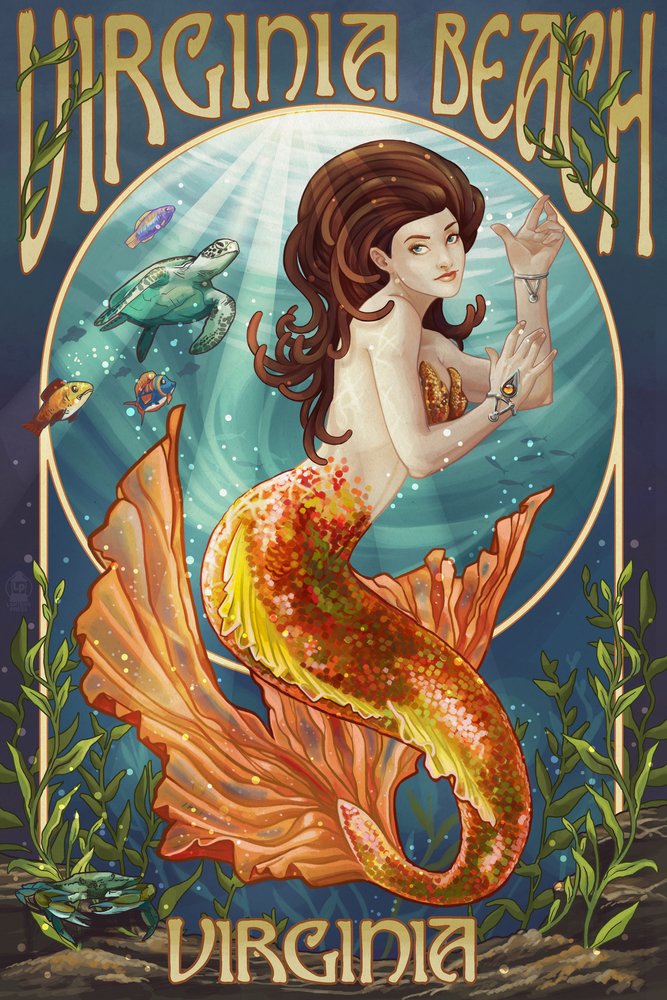 Lantern Press Virginia Beach Mermaid Wall Art Poster - 12x18 Inches, Coastal Decor for Bedroom, Living Room & Office - Perfect Beach House & Nautical Theme Room Decor