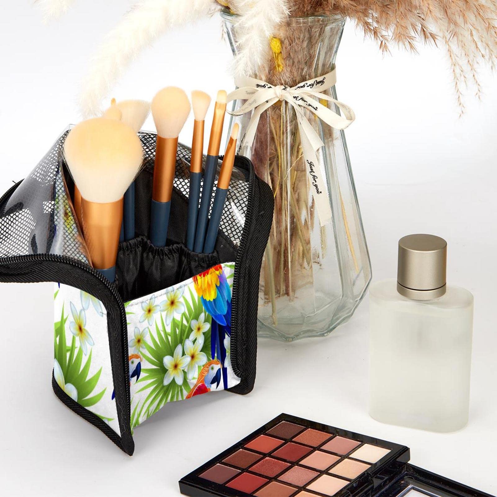 12-Piece Makeup Brush Organizer Bag with Parrot & Palm Leaves Design - Portable Travel Cosmetic Brush Holder Case for Professional Makeup Artists & Beauty Enthusiasts (Perfect for Travel, Home Vanity & Salon Use)