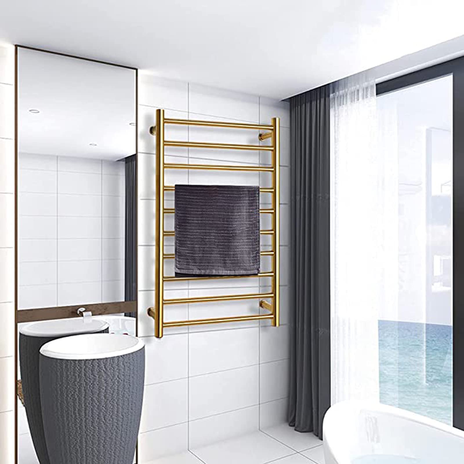 APUM 88W Energy Efficient Heated Towel Rack - 304 Stainless Steel Wall Mounted Electric Towel Warmer with Timer for Bathroom (Gold Hardwired) | Warm & Dry Towels Instantly - Perfect for Spa, Luxury Hotels & Cozy Home Bathrooms
