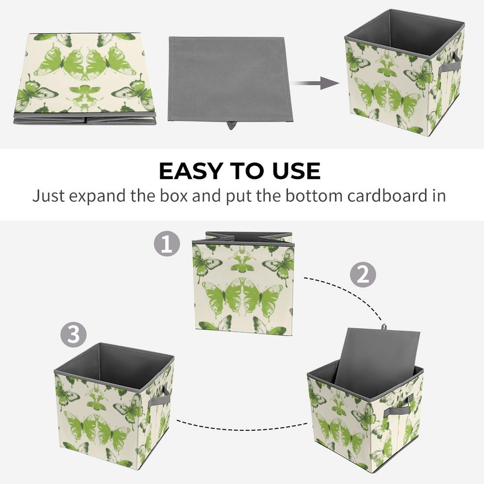 Collapsible Storage Cubes with Handles - 10.6×10.6 Inch Foldable Organizer Bins | Butterfly Print & Lime Green Design for Closet, Nursery, or Office Organization | Space-Saving Home Storage Solution