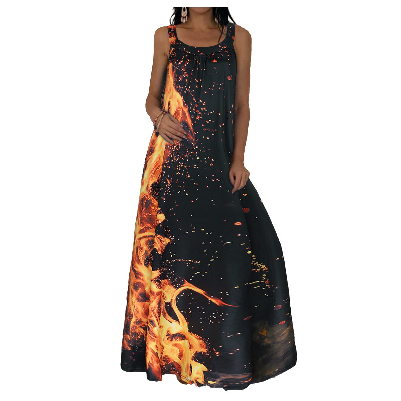 Sexy Print Tank Fire Sleeveless Women's Summer Dress - Colorful Casual Flowy Dress for Beach, Party & Vacation
