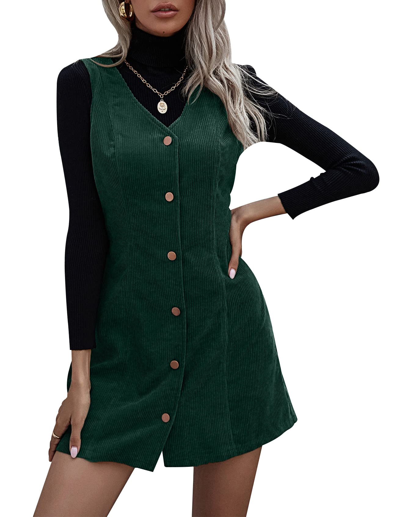 Arssm Women's Casual V-Neck Sleeveless Corduroy Button Pinafore Mini Dress - Stylish Overalls for Everyday Wear, Date Night & Fall Fashion