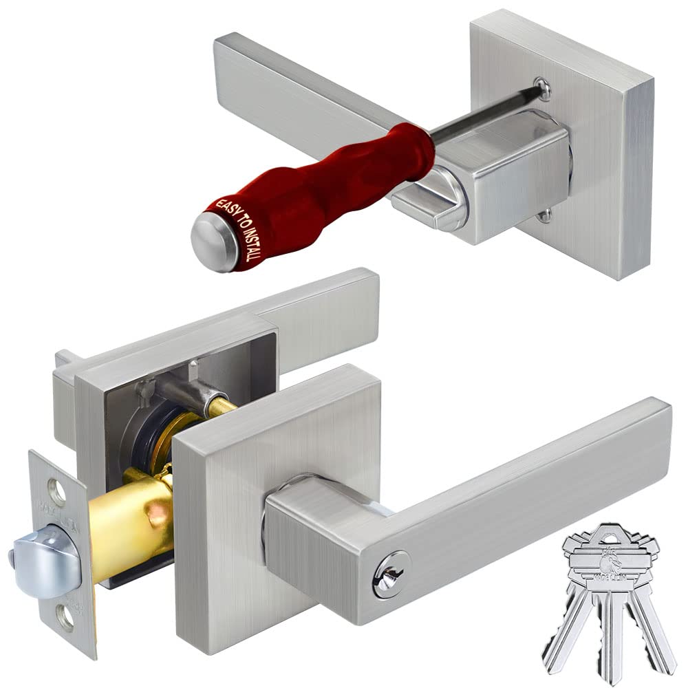 Brushed Nickel Door Handle Locks with Keys - Heavy Duty for Bedroom & Interior Doors