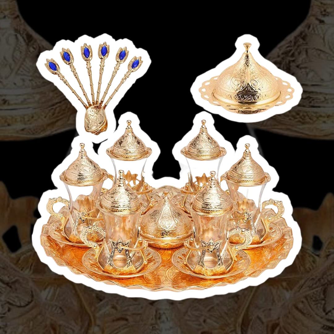 Handmade Turkish Tea Set with Zamzam Water Glasses, Saucer, Tray & Gold Spoon - Traditional Serving Set for Afternoon Tea, Home Decor & Gift Giving