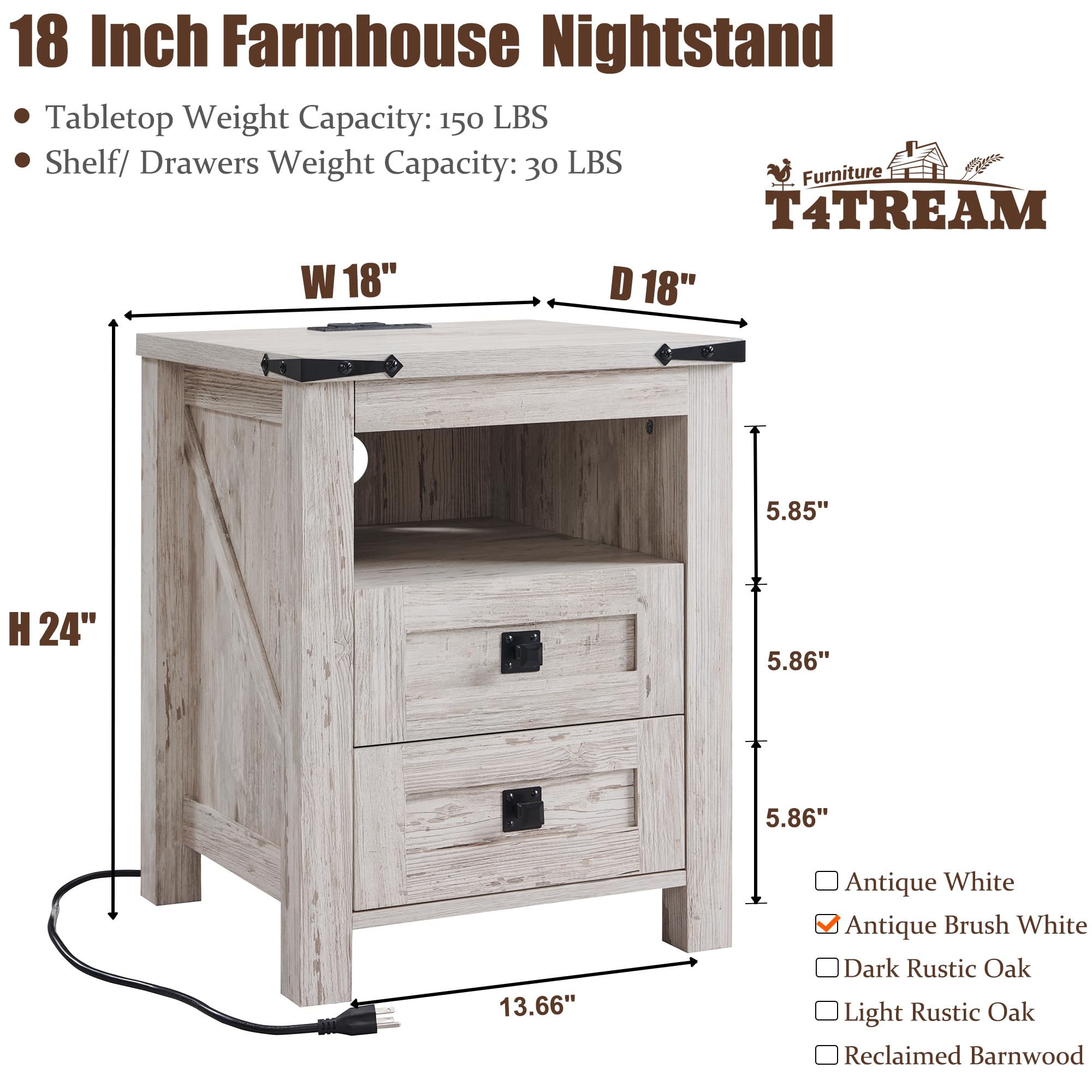 T4TREAM Nightstand with USB Charging Station, 2-Drawer Storage Cabinet - Rustic Wood End Table for Bedroom, Living Room & Farmhouse Decor - Antique White Finish | Perfect Bedside Table with Phone Charger & Storage Space