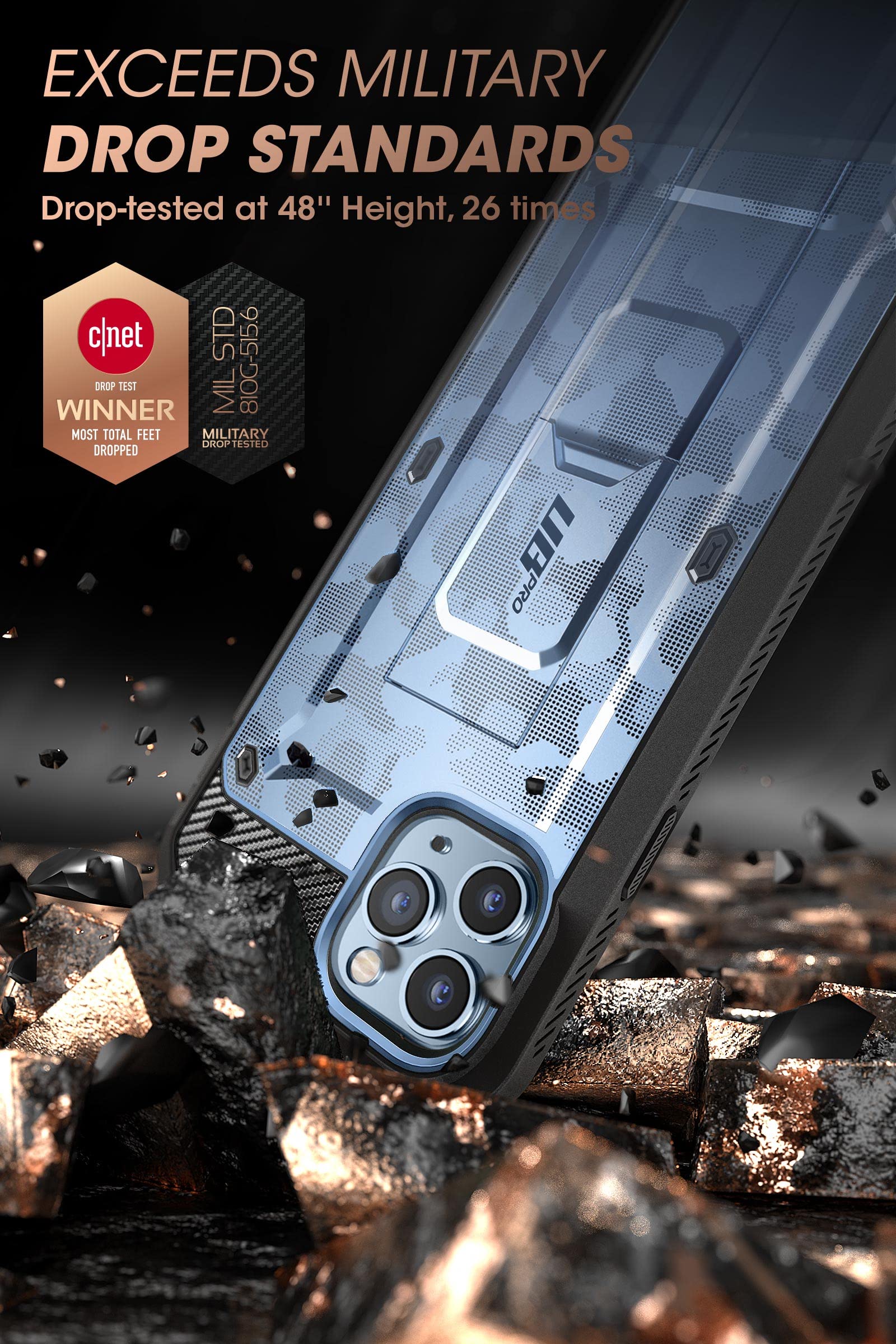 SUPCASE Unicorn Beetle Pro Heavy Duty Rugged Phone Case for iPhone 13 Pro Max with Built-in Screen Protector, Kickstand & Belt Clip - Camo Navy | Shockproof Full-Body Protection for Outdoor, Work & Daily Use