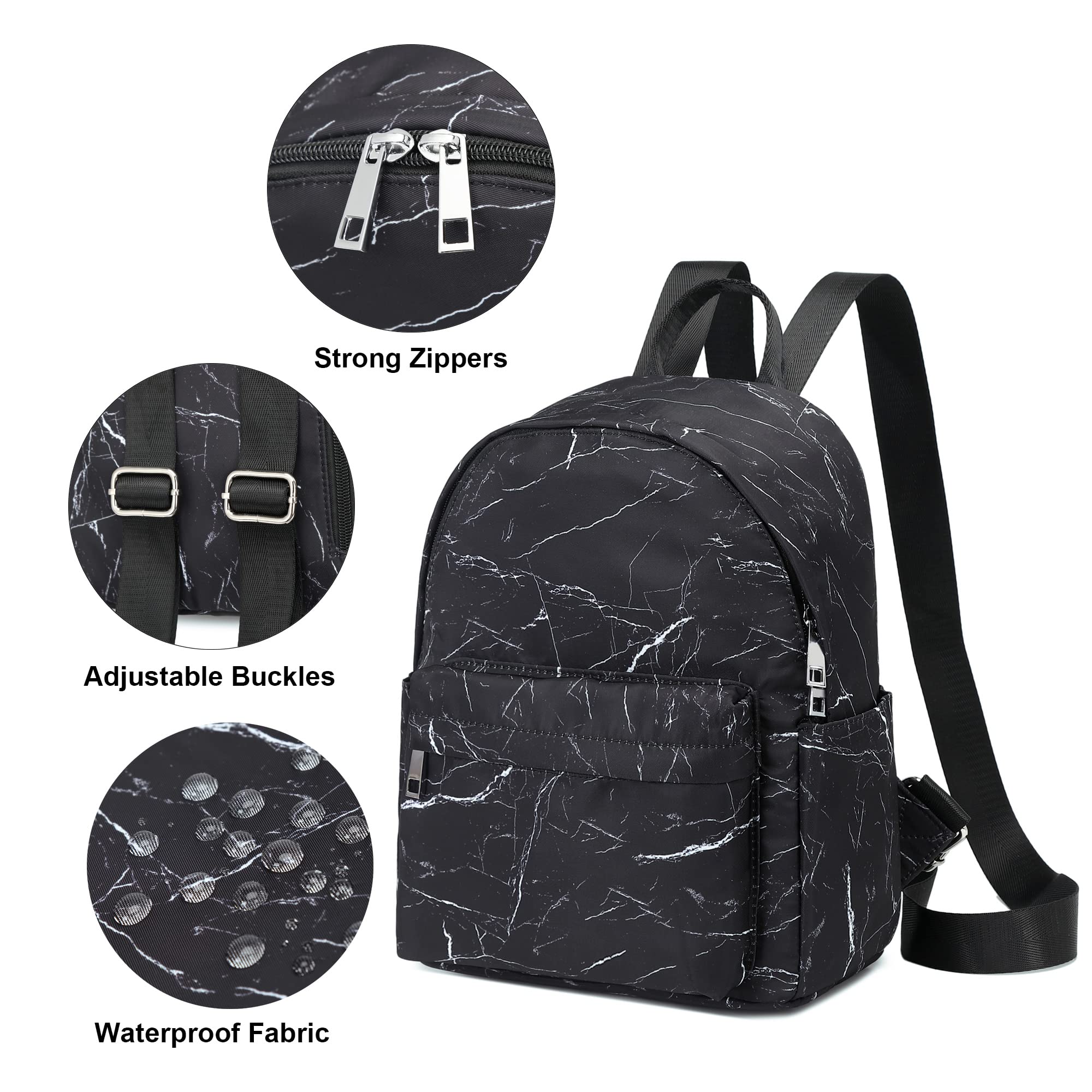 Marble Mini Backpack for Women & Girls - Small Travel Purse for School & Outings (Black)