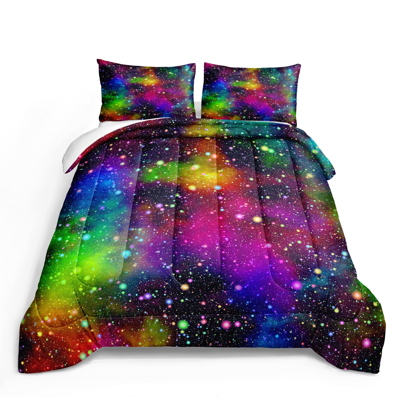 Queen Size Galaxy Comforter Set - Glitter Space Bedding for Boys & Girls, Colorful Universe Psychedelic Trippy Design, 3-Piece Set (1 Comforter + 2 Pillowcases) - Perfect for Teen Bedrooms, Dorm Rooms & Space-Themed Decor (Rainbow, Queen)