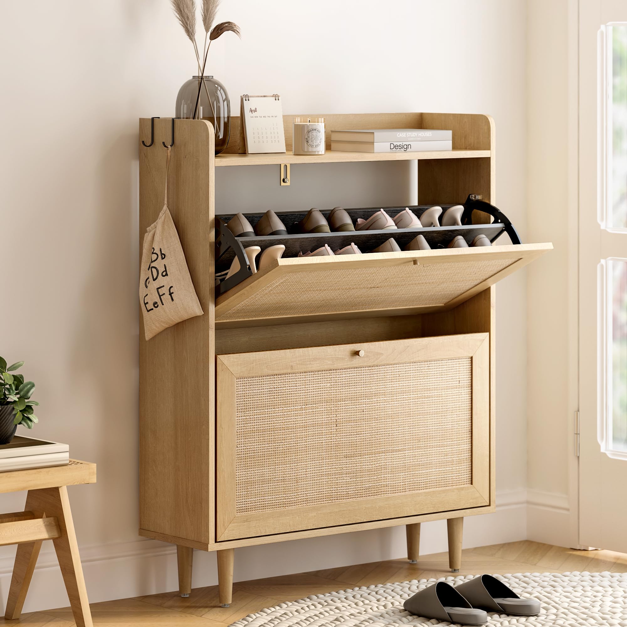 Farmhouse Rattan Shoe Cabinet with 2 Flip Drawers - Slim Narrow Wooden Shoe Organizer for Entryway & Hallway - Natural Oak Finish - Perfect for Small Spaces, Apartments & Boho Home Decor