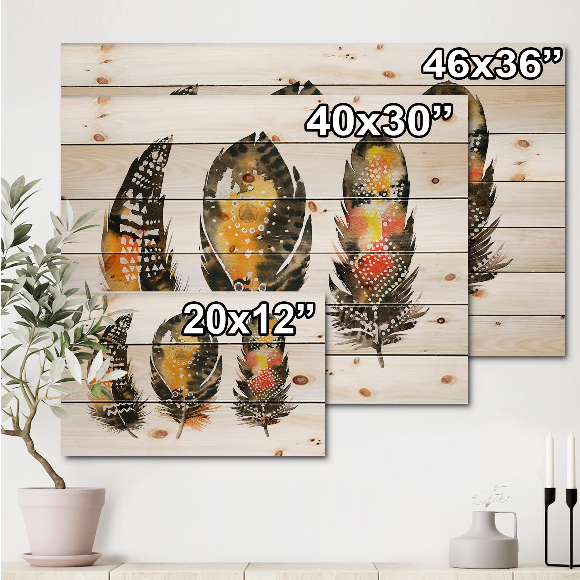 Bohemian Orange Feather Wood Wall Art - Handcrafted Ethnic Boho Decor, Large Animal Print Panels on Natural Pine Wood | Perfect for Living Room, Bedroom & Eclectic Home Decor