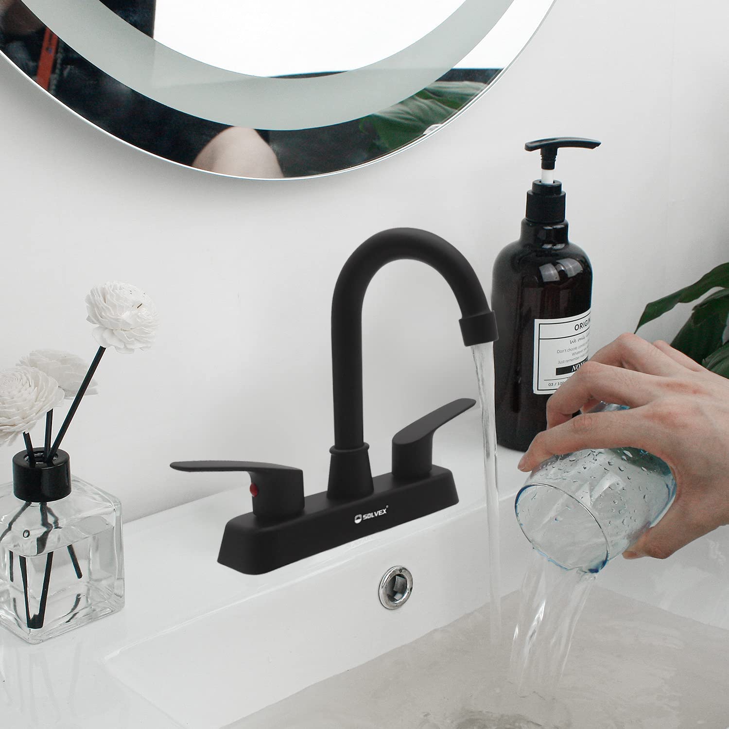 SOLVEX Matte Black 4 Inch Centerset Bathroom Faucet - 3 Hole Deck Mounted Sink Faucet with Lever Handles SP-40067-N for Bathroom Vanity & Powder Room Renovation