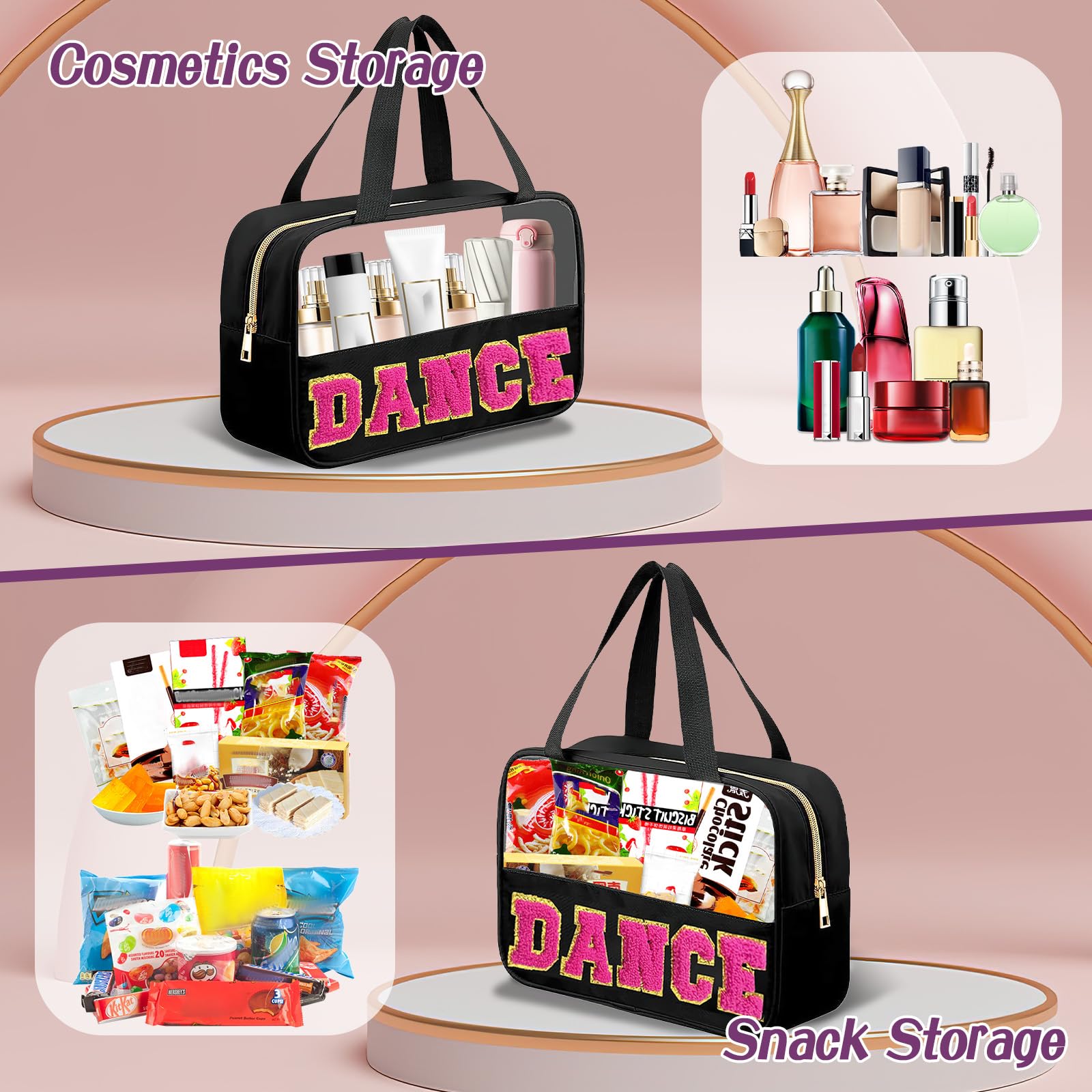 Dance Gifts Chenille Letter Bags - Clear Waterproof Nylon Makeup Organizer with Handle & Zipper, Portable PVC Travel Cosmetic Toiletry Bag for Women & Dance Competitors | Perfect for Dance Competitions, Travel & Everyday Storage
