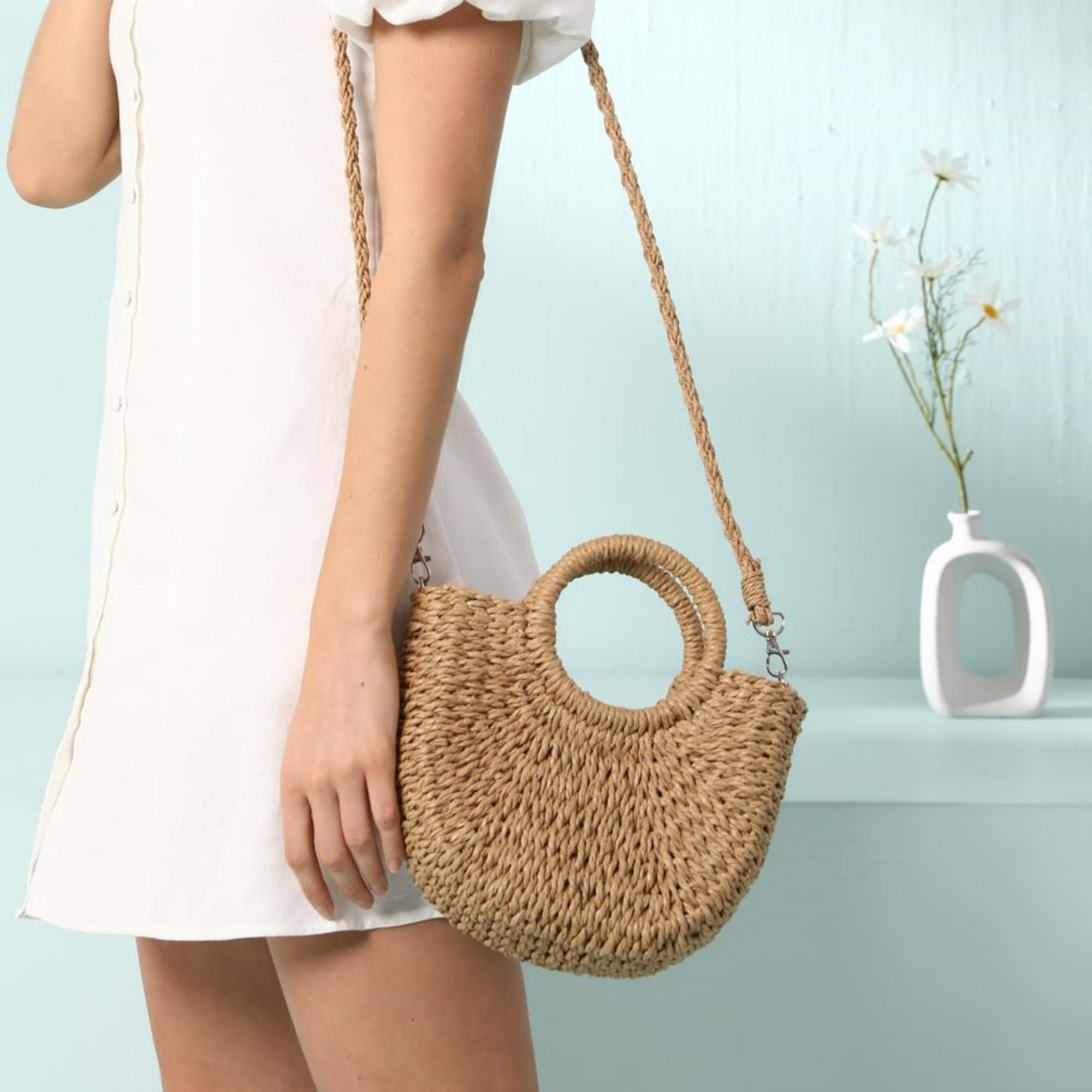 JOLLQUE Straw Beach Bag for Women - Handwoven Summer Tote Purse with Tassel & Top Handle, Boho Clutch Handbag for Vacation, Pool Party & Beach Accessories