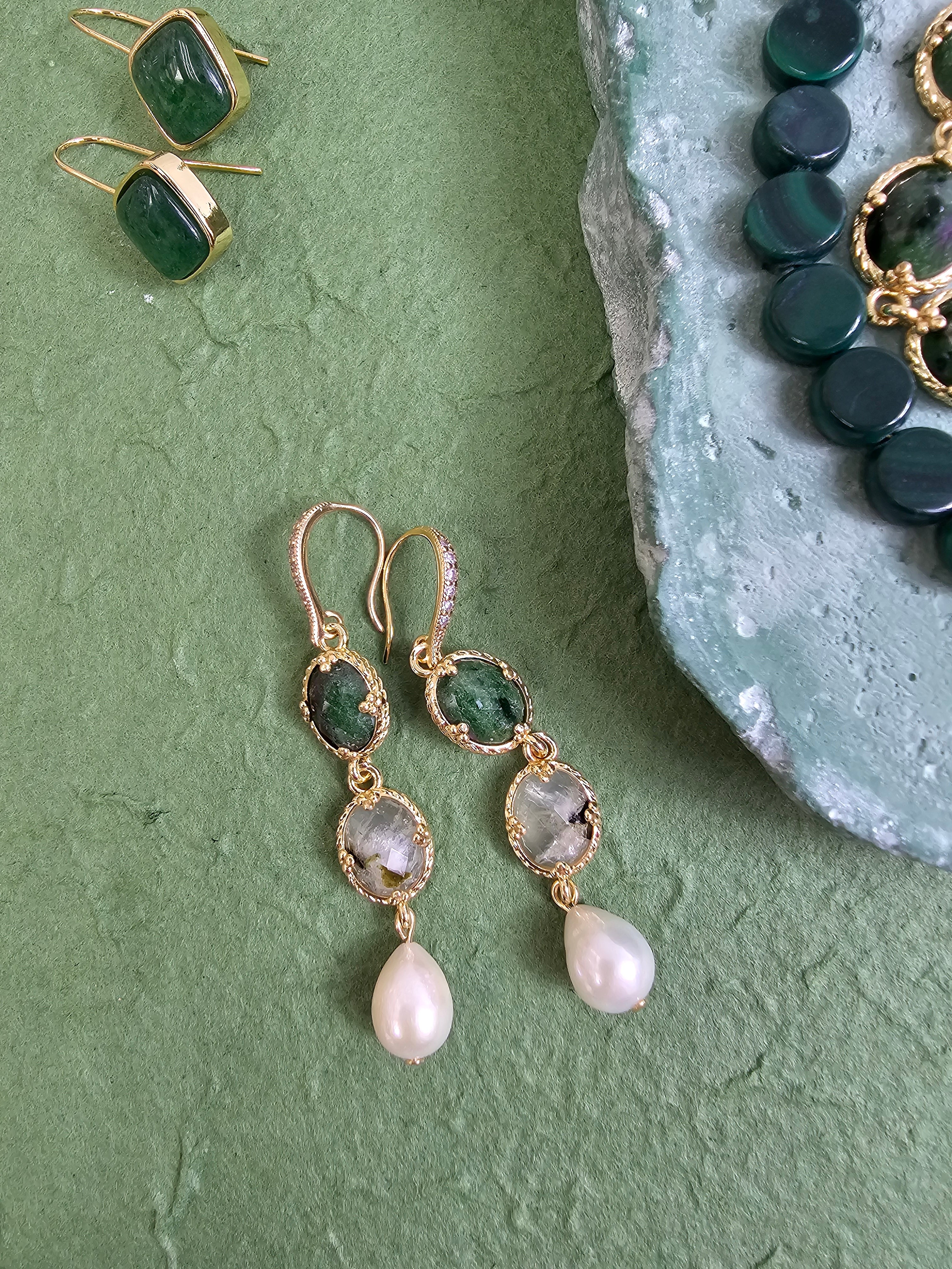 Green Gemstone and White Pearls Dangle Earrings PE043 | Elegant Jewelry for Women, Perfect for Parties, Weddings & Special Occasions
