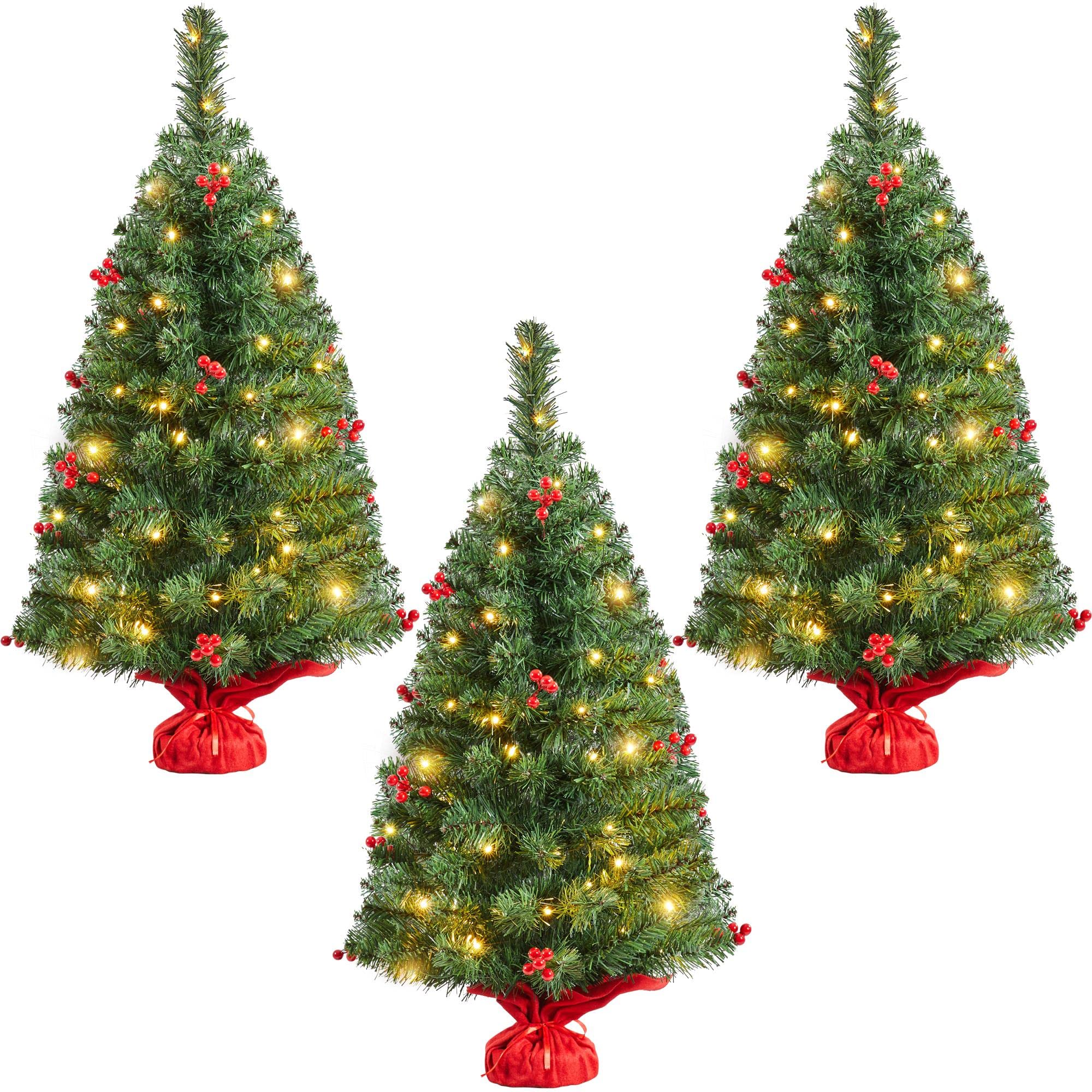 Yaheetech 3ft Prelit Tabletop Artificial Mini Christmas Tree with Red Berries - 3 Pack Small Holiday Decor for Home, Office, Bedroom, Desk, Porch & Coffee Table - Includes Cloth Bag Base - Perfect for Holiday Parties, Gift Wrapping & Festive Decorations