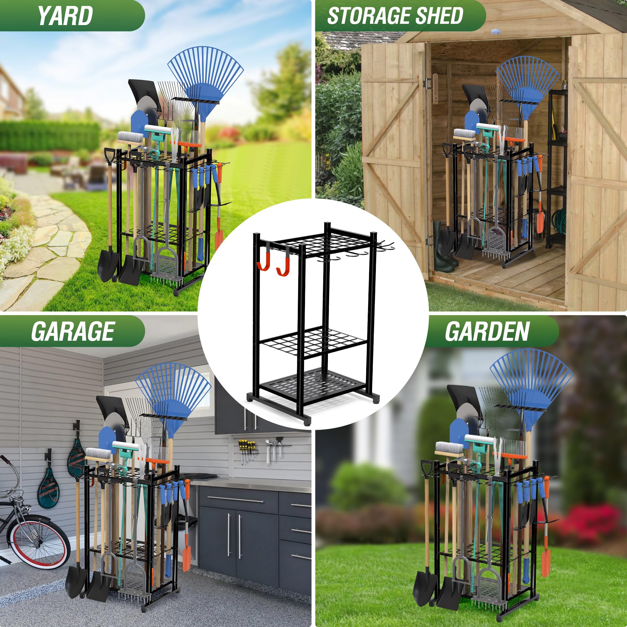 Heavy Duty Steel Garden Tool Organizer with Storage Hooks - Yard Tool Tower Rack for Garage, Shed & Outdoor Organization - Holds Up to 50 Tools - Perfect for Gardening, Landscaping & Home Storage (Black)