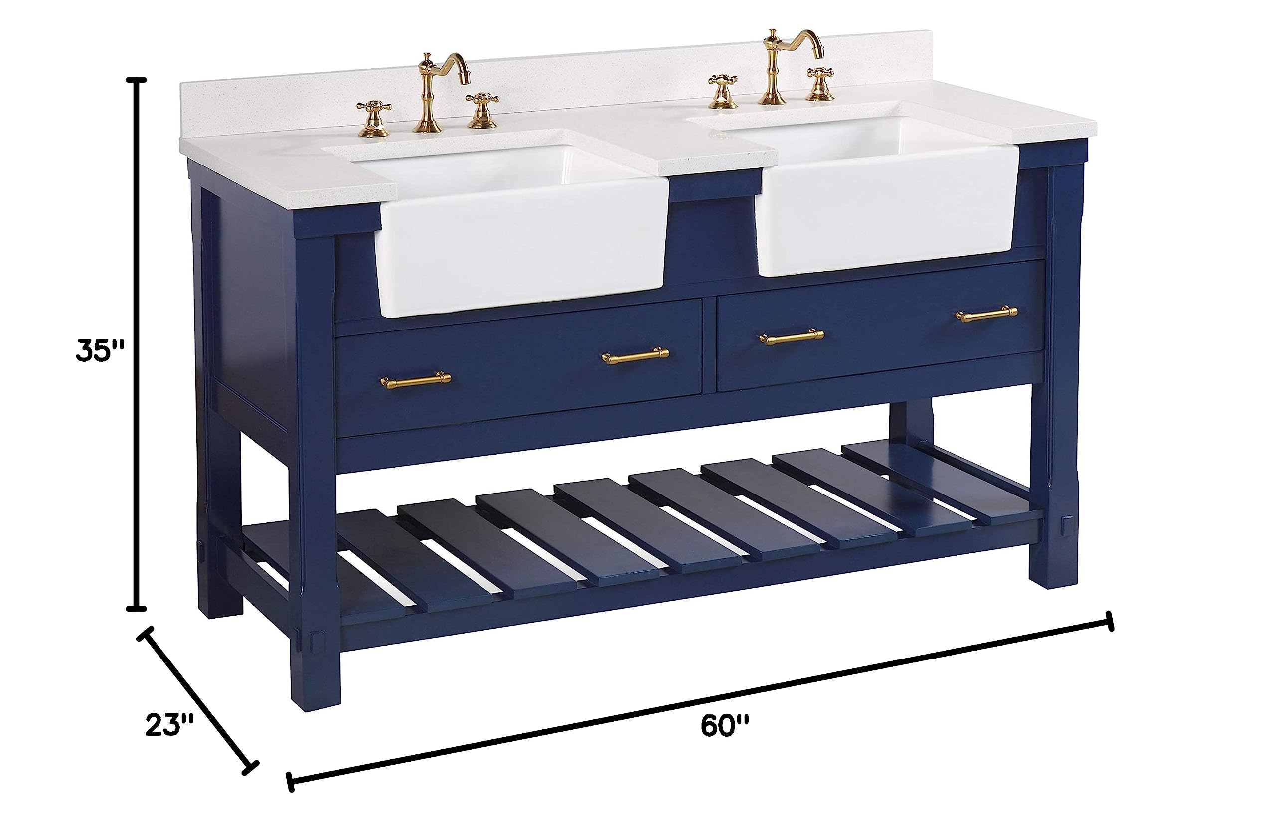 Charlotte 60-inch Double Bathroom Vanity with Quartz Countertop & Royal Blue Cabinet - Farmhouse Apron Sink Included | Modern Bathroom Storage Solution for Master Bath, Guest Bath & Powder Room