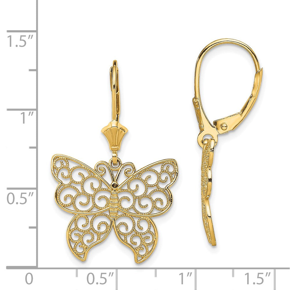 Gold Butterfly with Beaded Filigree Wings Leverback Earrings TF1787 - Elegant Dangle Earrings for Women, Perfect for Weddings, Parties & Special Occasions