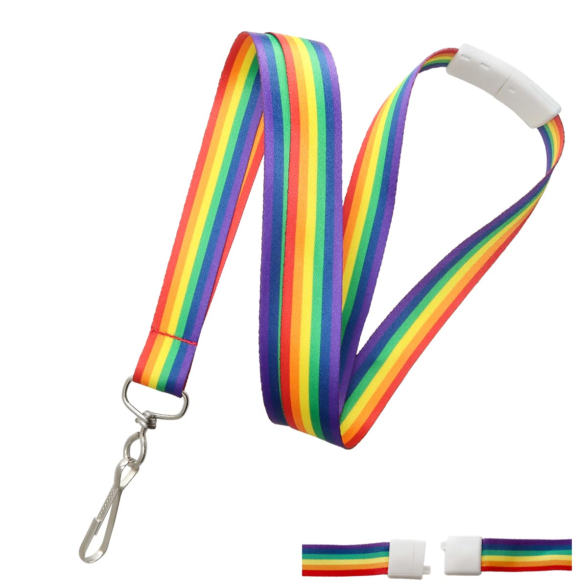 100 Pack Rainbow Breakaway Lanyards with Swivel J Hook - Bulk ID Badge Holders & Keychains for Name Tags, Cards, Keys - Office, School, Events, Conventions (Multi-Color)
