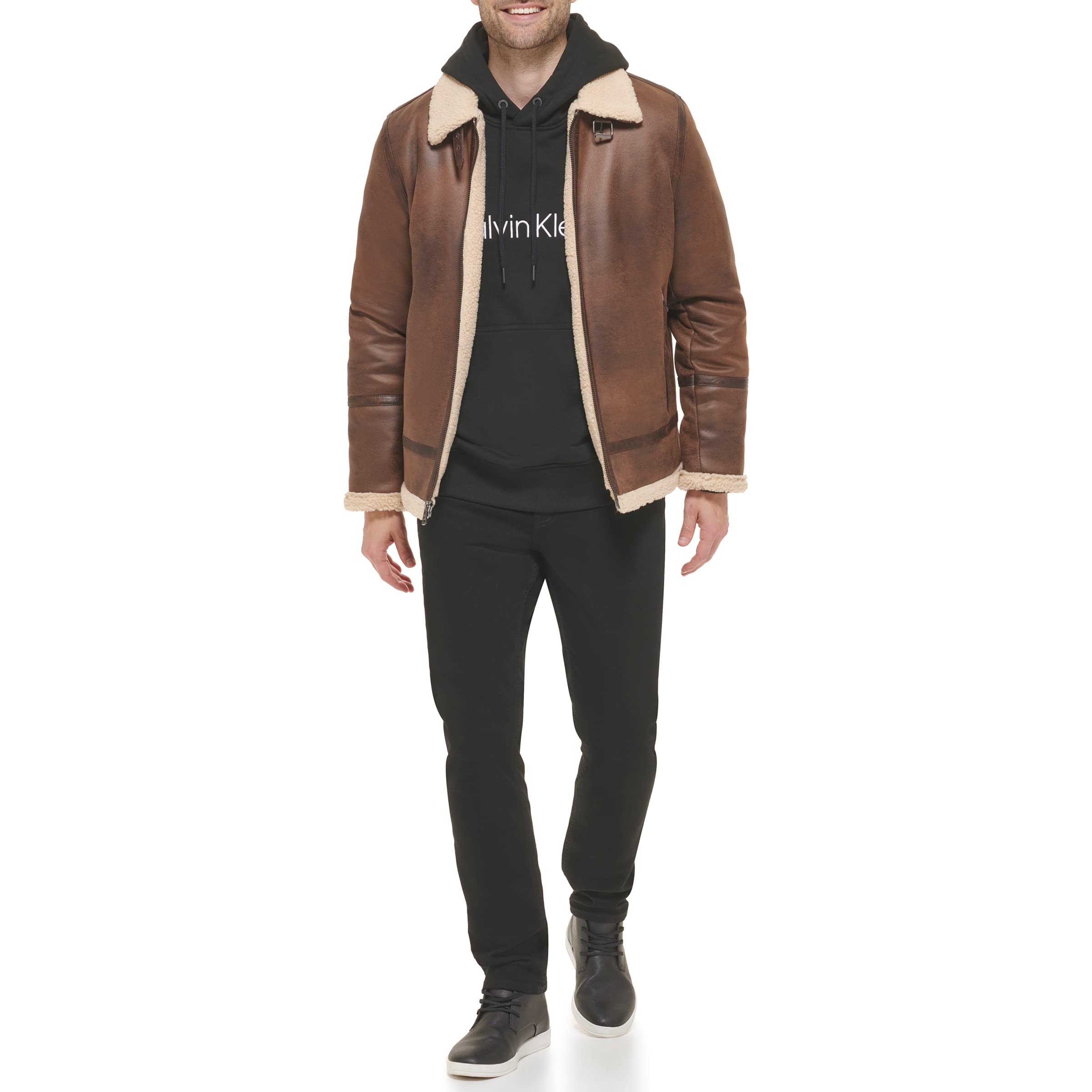 Calvin Klein Men's Faux Leather Bomber Jacket with Warm Shearling Lining - Stylish Winter Outerwear for Casual & Night Out