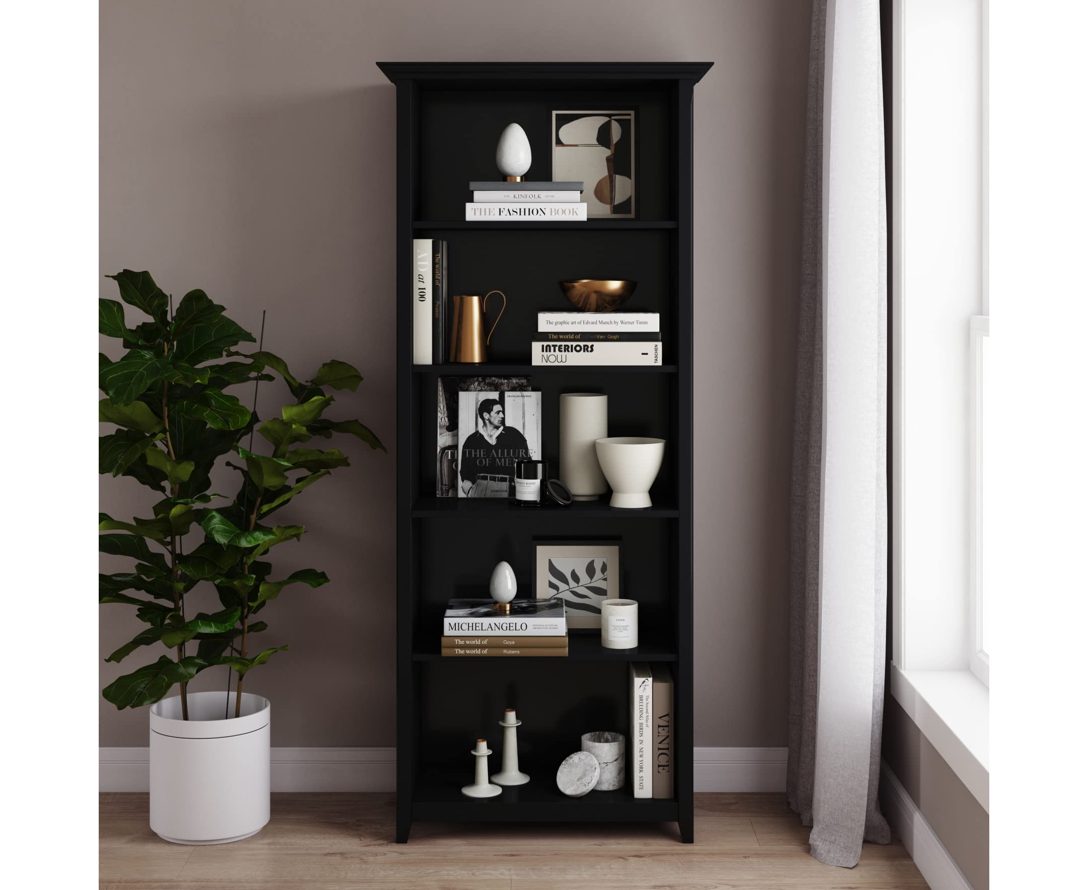 SIMPLIHOME Amherst 30 Inch Solid Wood 5-Shelf Bookcase - Black Transitional Style for Living Room, Study, Office | Bookshelf for Home Decor & Storage