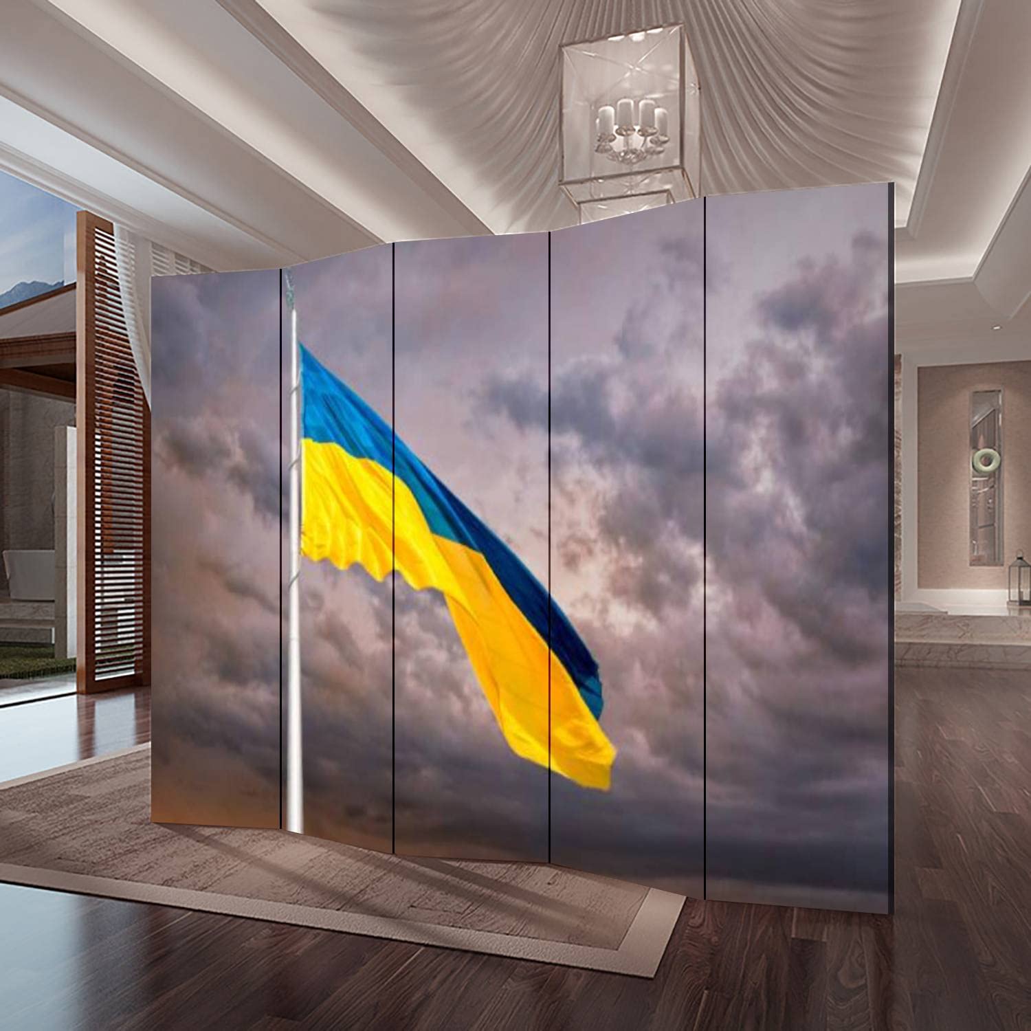 5-Panel Ukrainian Flag Room Divider - Blue & Yellow Folding Canvas Privacy Screen for Indoor & Outdoor Use | Freestanding Partition for Home, Office, or Event Decor