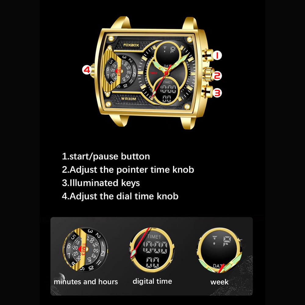 Luxury Men's Square Dial Digital Analog Quartz Wristwatch - Waterproof Luminous Dual Display Business Watch for Boys & Men | Perfect for Office, Formal Events & Everyday Wear