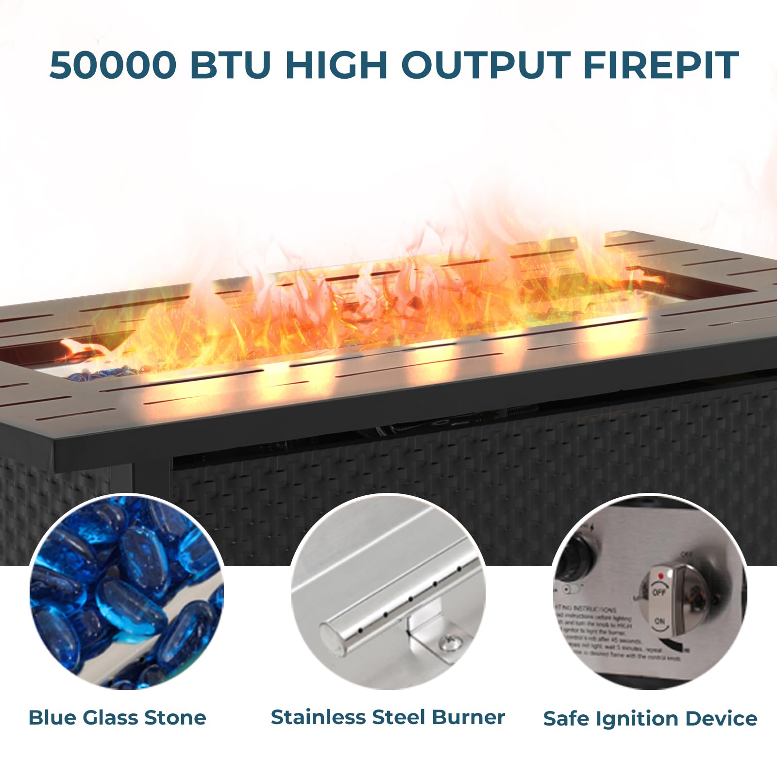 Yangming 45-Inch Square Propane Fire Pit Table - 50,000 BTU Outdoor Gas Firepit with Steel Tabletop, Glass Wind Guard & Blue Glass Stones - Waterproof Cover Included - Perfect for Garden, Patio, Deck, Backyard & Outdoor Entertaining