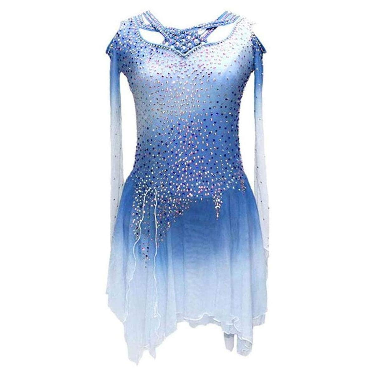 HYQW Blue Figure Skating Dress for Girls & Women - Long Sleeve Competition Costume with Skirt for Ice Skating Performances & Competitions | Perfect for Ice Shows, Championships, and Professional Training