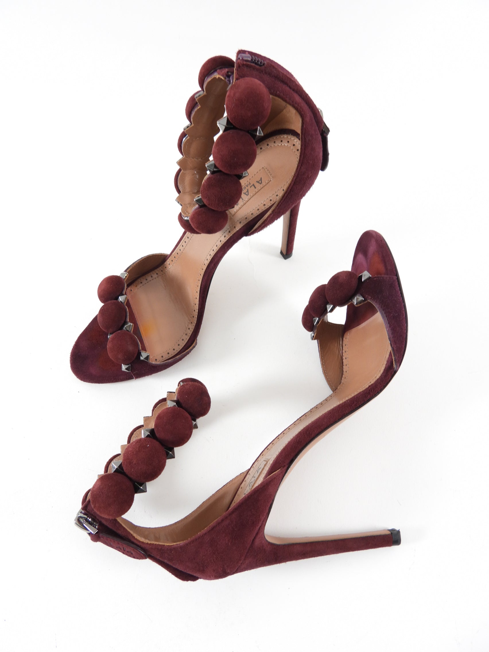 Alaia Burgundy Suede Studded Sandals - Women's High Heel Dress Shoes for Parties, Weddings & Evening Events