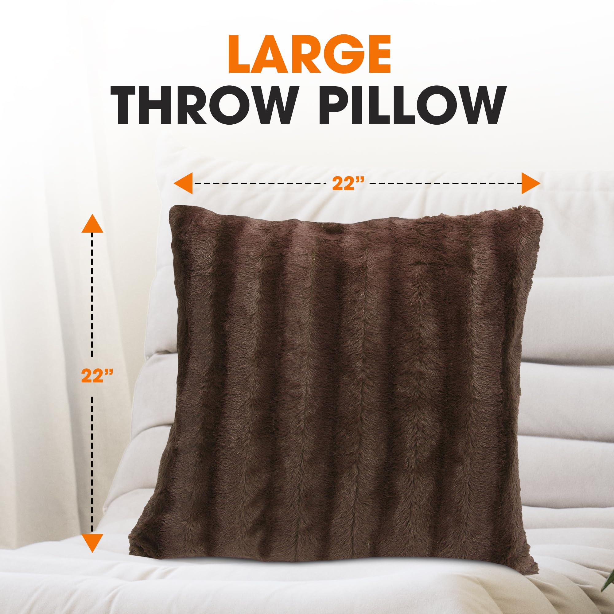 Luxury Faux Fur Throw Pillows Set of 2 - 22x22 Inch Soft Decorative Couch & Bed Pillows for Living Room, Bedroom Aesthetic - Chocolate Brown Accent Pillows for Cozy Home Decor, Winter Comfort & Gift Ideas