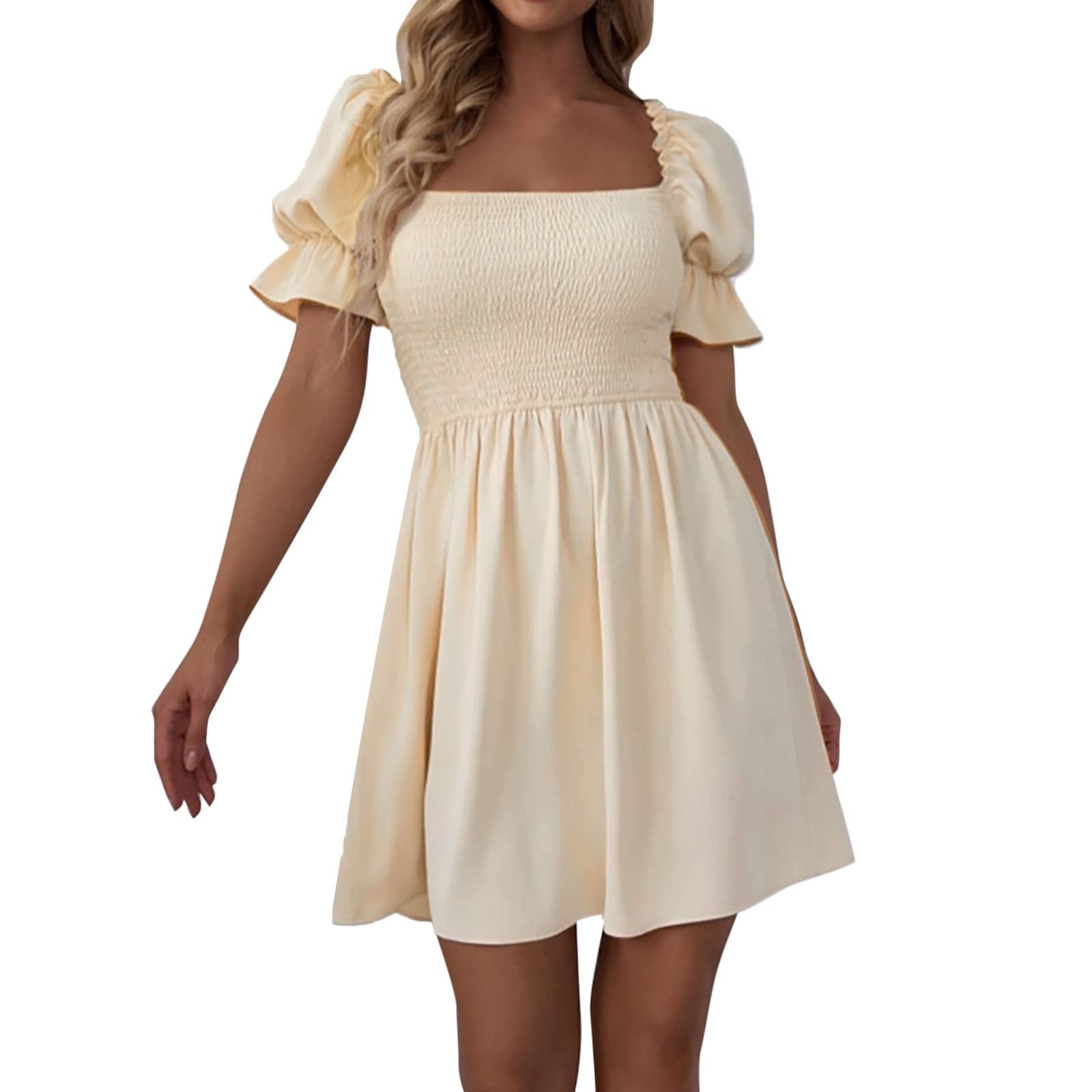 Women's Summer Midi Dresses - Short Sleeve Square Neck High Waist Casual Elegant Dress for Beach, Party & Office Wear
