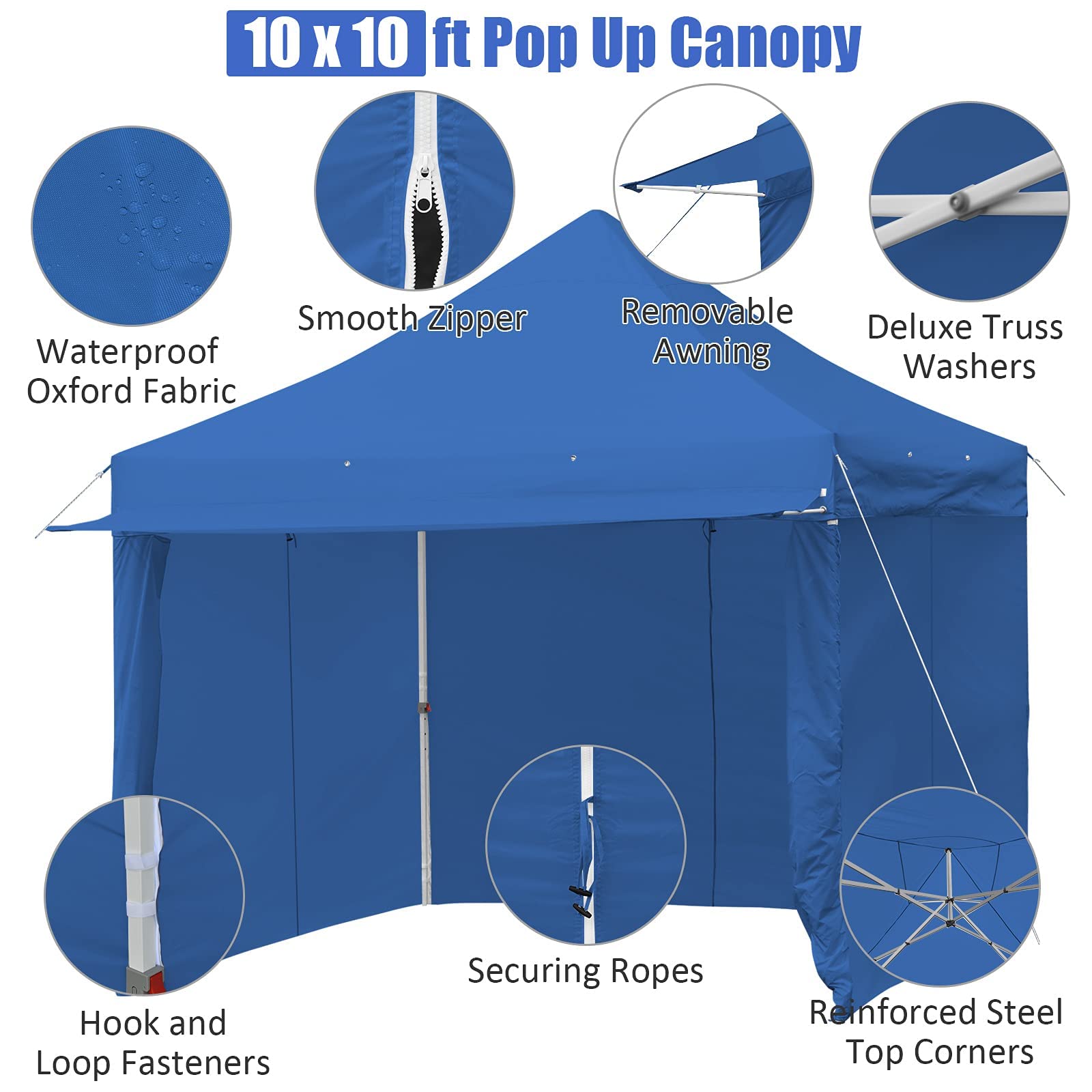 Tangkula 10x10ft Pop Up Canopy Tent - Commercial Instant Shelter with 5 Removable Zippered Sidewalls & Extended Awning - Portable Market Canopy Includes 4 Sand Bags, 8 Stakes, 4 Ropes & Carry Bag - Perfect for Outdoor Events, Farmers Markets, Camping & Beach Parties