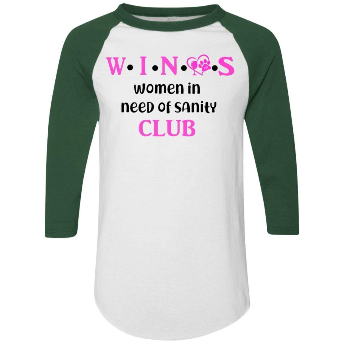 WineyBitches.Co WINOS Club Colorblock Raglan Jersey - Pink Lettering Women's Baseball Tee | Soft Cotton Blend Long Sleeve Shirt for Wine Lovers | Perfect for Wine Tasting Parties & Girls Night Out