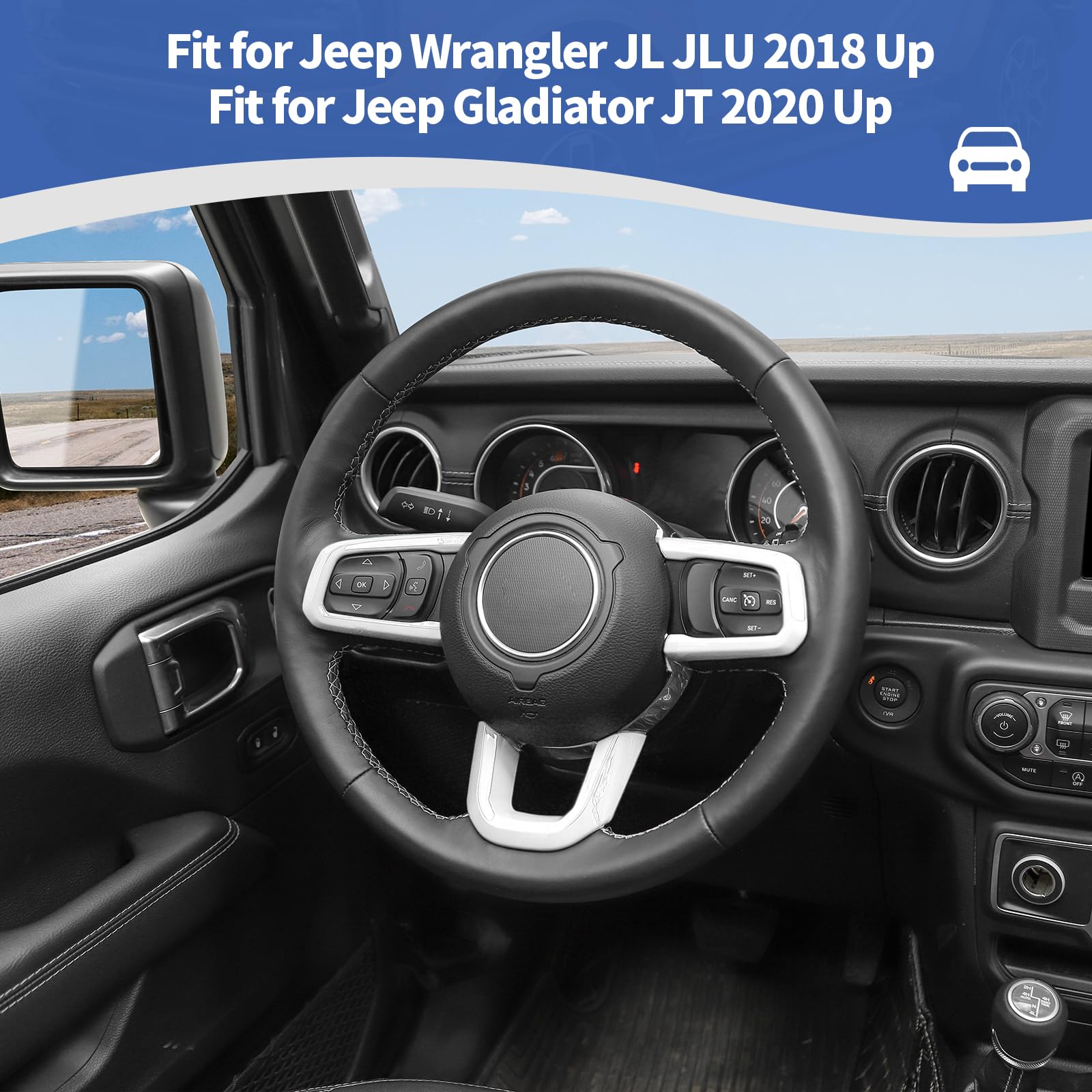 RT-TCZ White Steering Wheel Trim Decal Panel for Jeep Wrangler JL/JLU & Gladiator JT (2018-2024) - 3-Piece Interior Accessories Kit - Upgrade Your Ride's Style for Off-Road & Daily Driving
