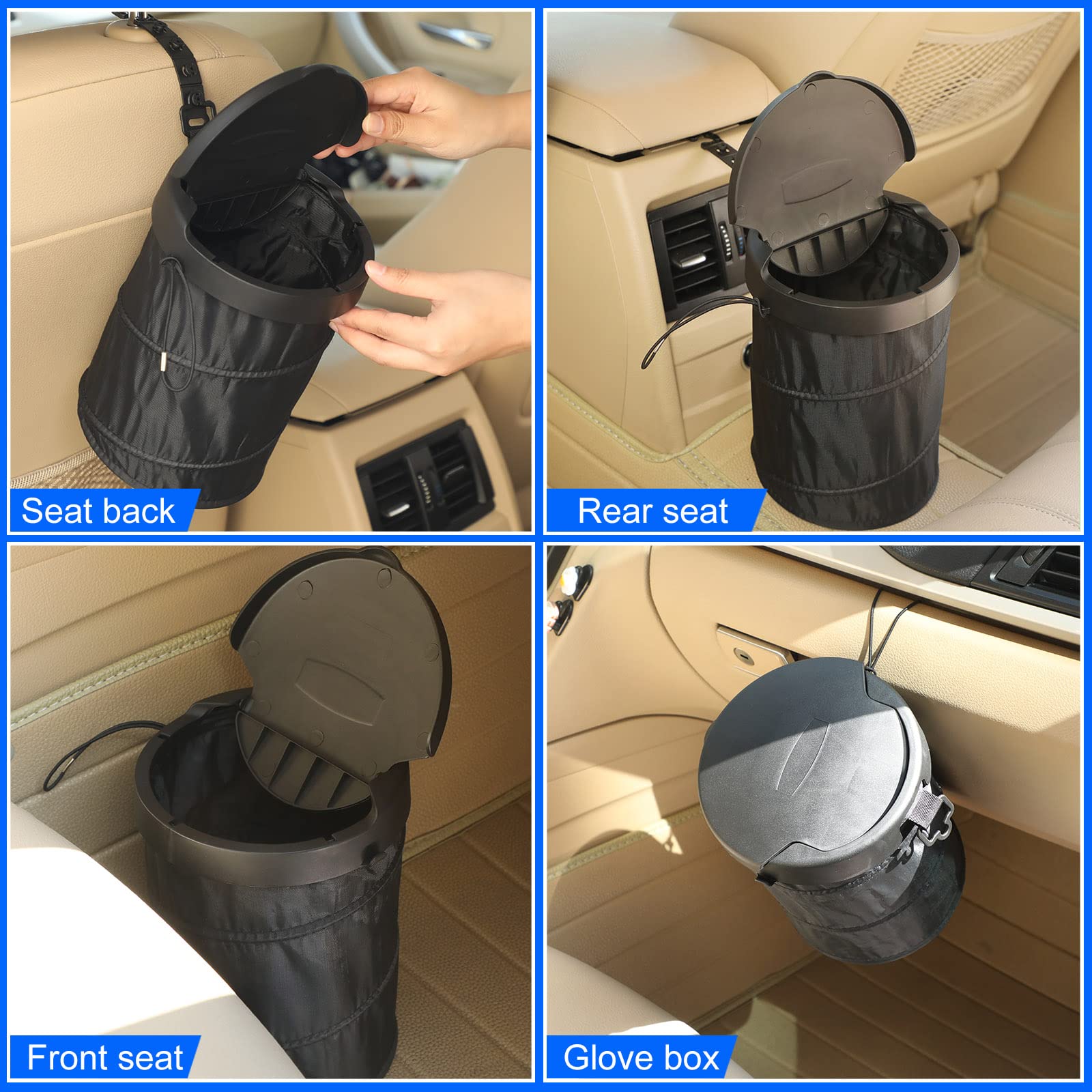 2 Pack Collapsible Car Trash Can with Lid - Portable Travel Garbage Bin with 2 Seat Hooks - Universal Fit for Cars, SUVs & Trucks (6.3x6.3x8.1 Inch, Black) - Perfect for Road Trips, Commuting & Keeping Your Vehicle Clean