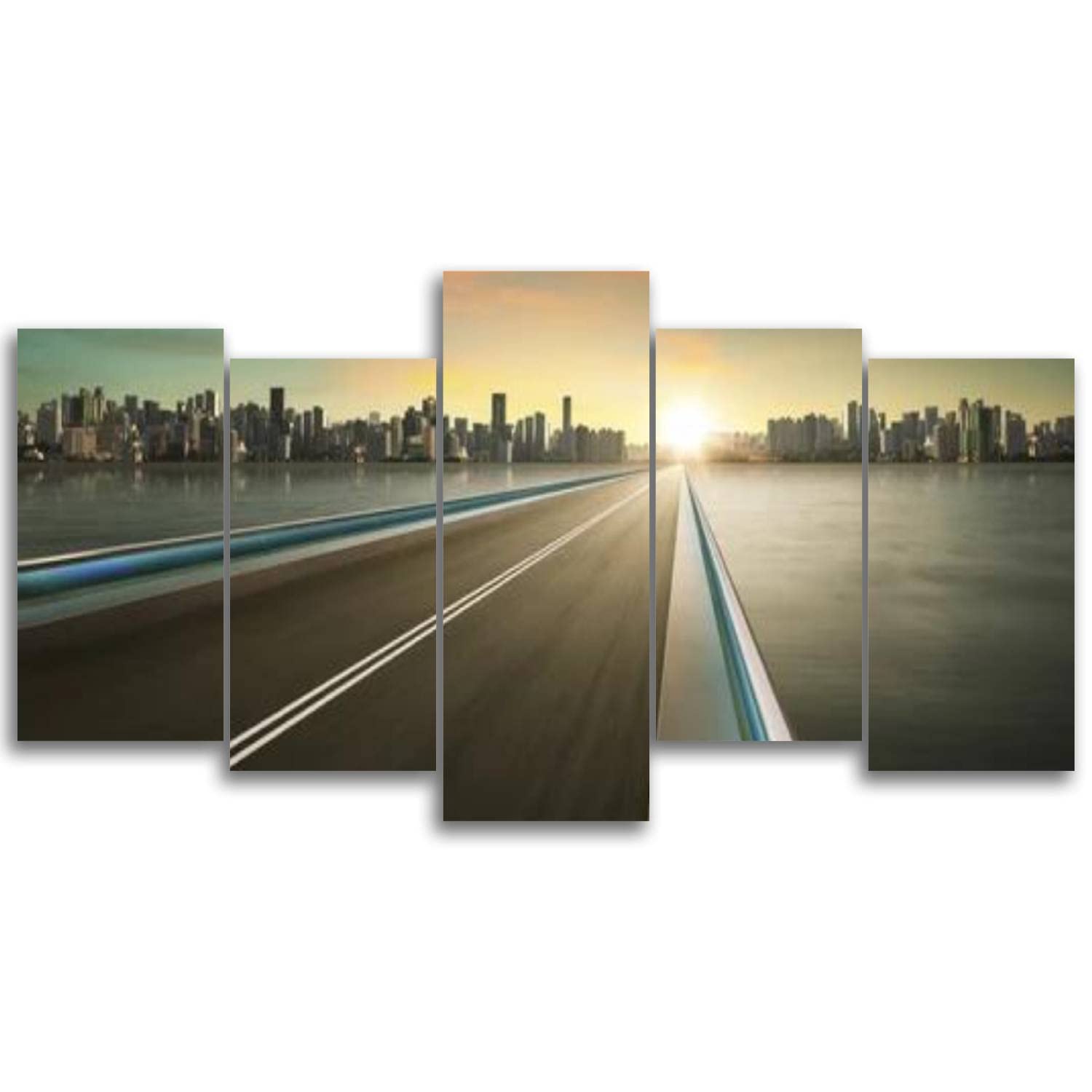 Highway Overpass Motion Blur City Skyline Cold Mood Panorama Canvas Wall Art - 5 Panel Abstract Painting Prints for Living Room & Bedroom Decor | Modern Urban Home Office Wall Decor