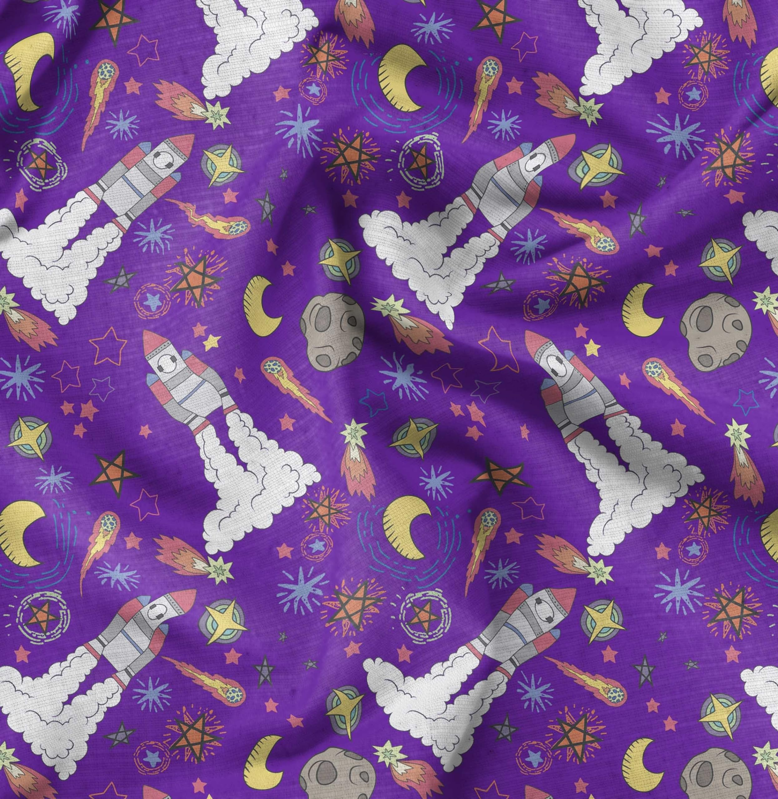 Soimoi Moss Georgette Purple Fabric by The Yard - 42 Inch Wide Stars & Rocket Galaxy Printed Fabric for Sewing, Dresses, Curtains & DIY Crafts - Lightweight & Vibrant Material for Fashion Design & Home Decor