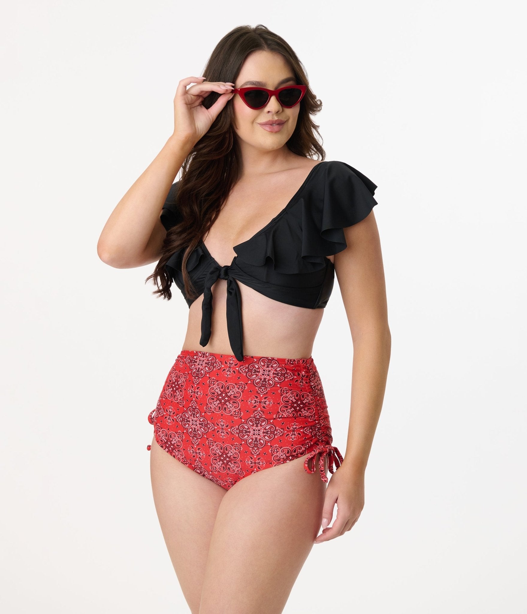 Vintage Black Ruffled Cap Sleeve Frida Swim Top - Retro Bathing Suit for Women, Beach Cover Up, Pool Party Outfit, Summer Vacation Swimwear