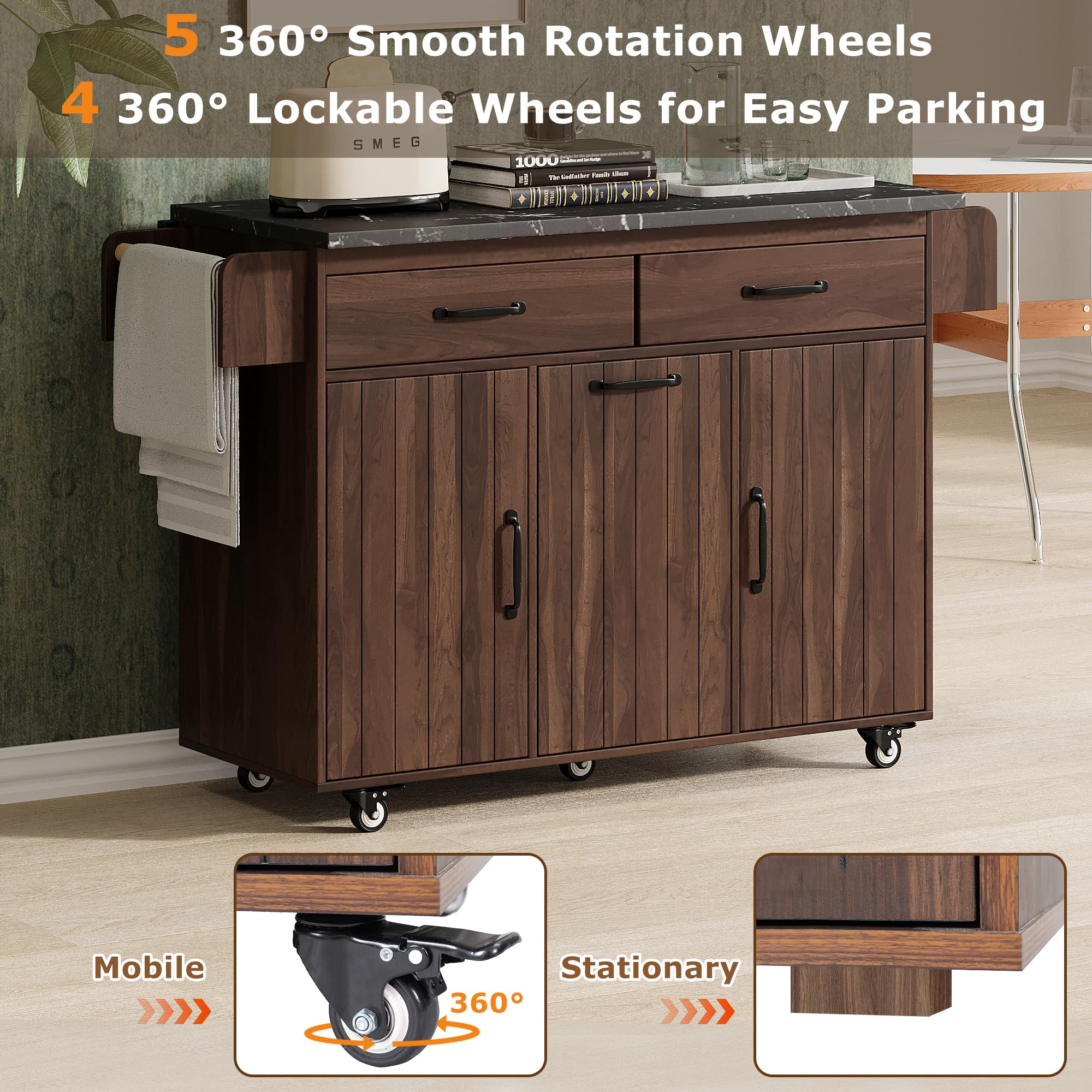 **Mobile Kitchen Island with Storage Cabinet, Drop Leaf, Spice Rack & Wheels – Rolling Kitchen Cart with Trash Bin, Drawers & Adjustable Shelf – Perfect for Small Kitchens, Apartments & Entertaining (Walnut Brown)**
