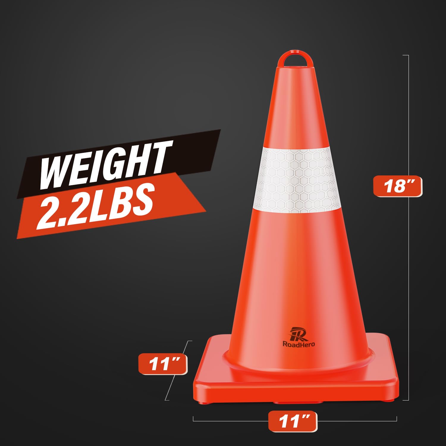 RoadHero 18 Inch Traffic Cones - 12 Pack Orange Safety Cones with Handle & Reflective Collar for Parking Lots, Sports Training, Driving Practice, Construction Sites & Road Safety | Durable Cones for Traffic Control, Event Marking & Outdoor Safety