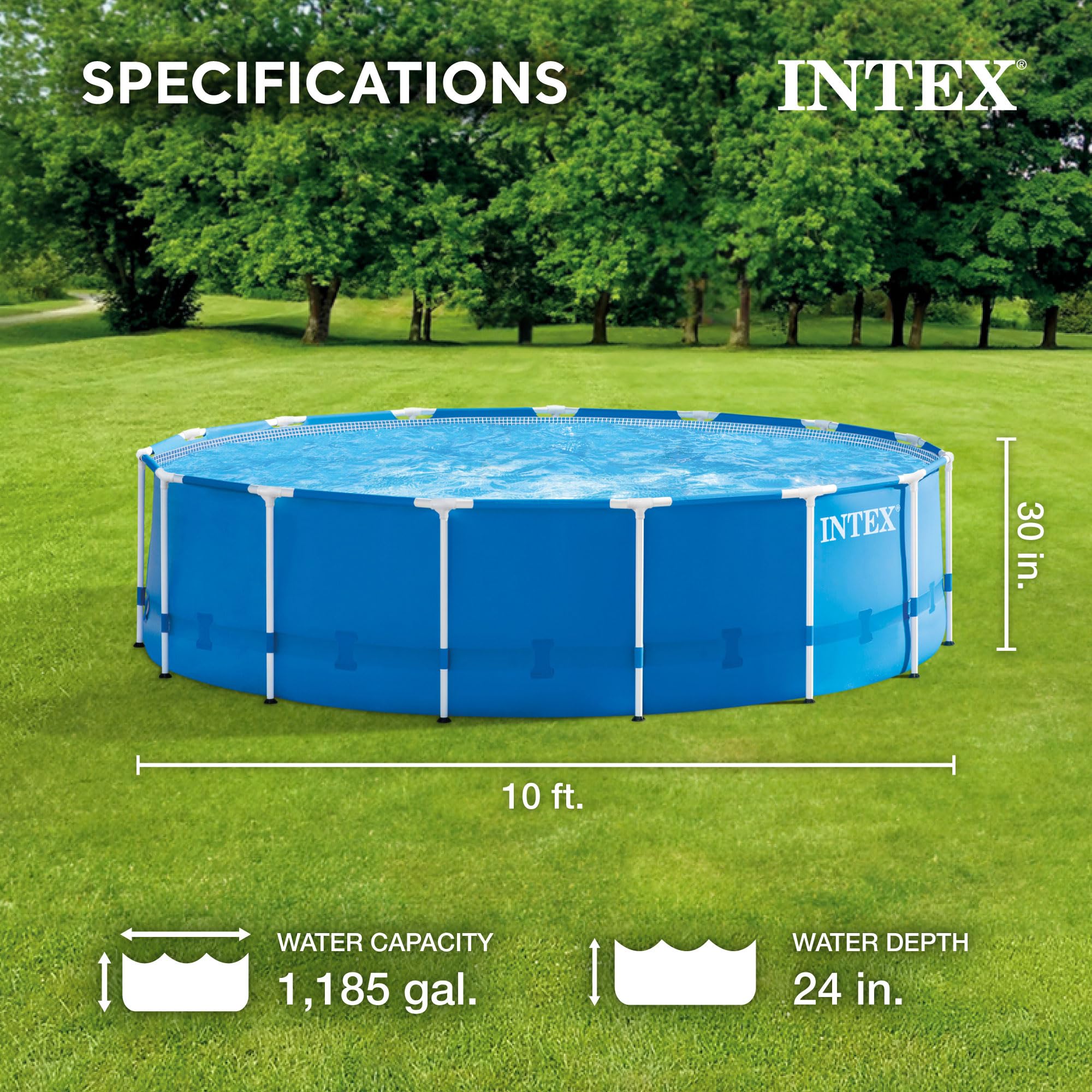 Intex 10ft x 30in Round Metal Frame Above Ground Outdoor Swimming Pool Set with 330 GPH Filter Pump, Cartridge & Protective Cover - Perfect for Backyard Fun, Family Gatherings & Summer Cooling