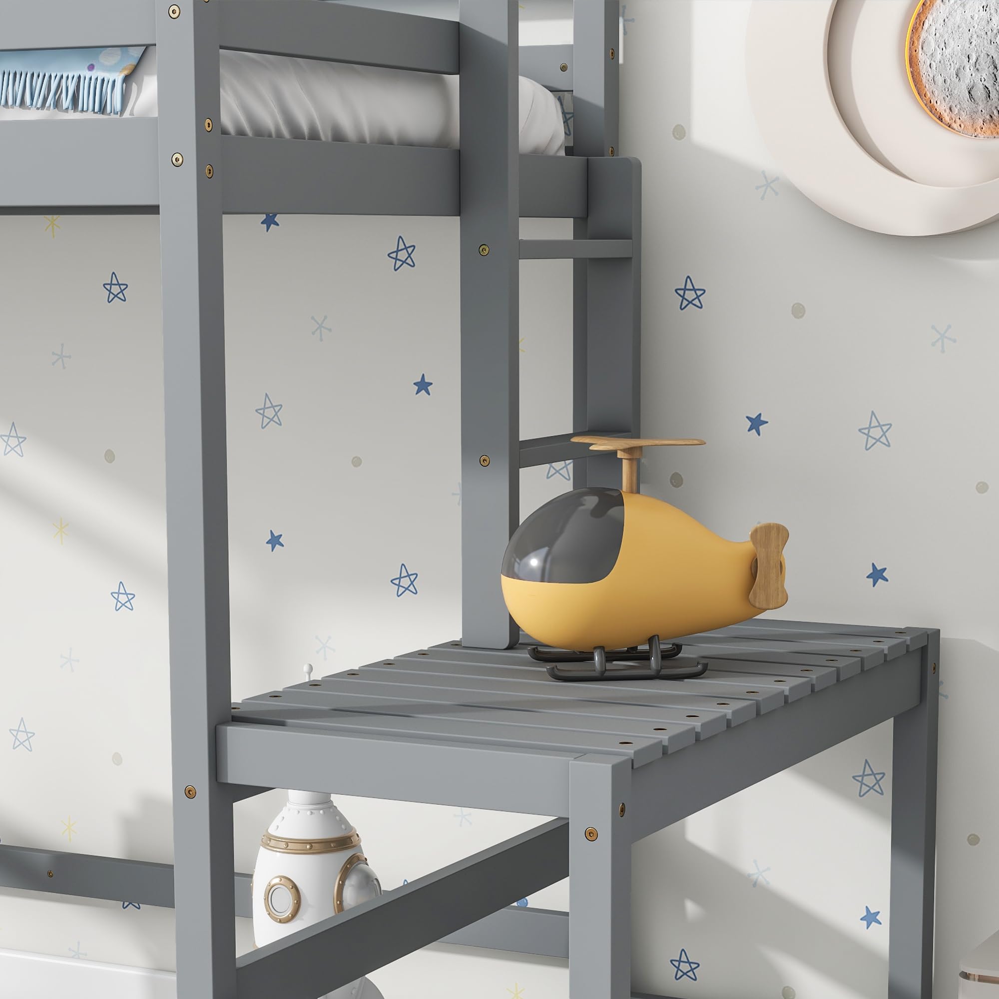 **Twin Size Wooden Loft Bed with Ladder, Guardrails & Landing Platform – Space-Saving High Loft Bed with Slats Support & Under-Bed Storage – No Box Spring Needed (Gray) – Perfect for Kids, Teens & Small Bedrooms**