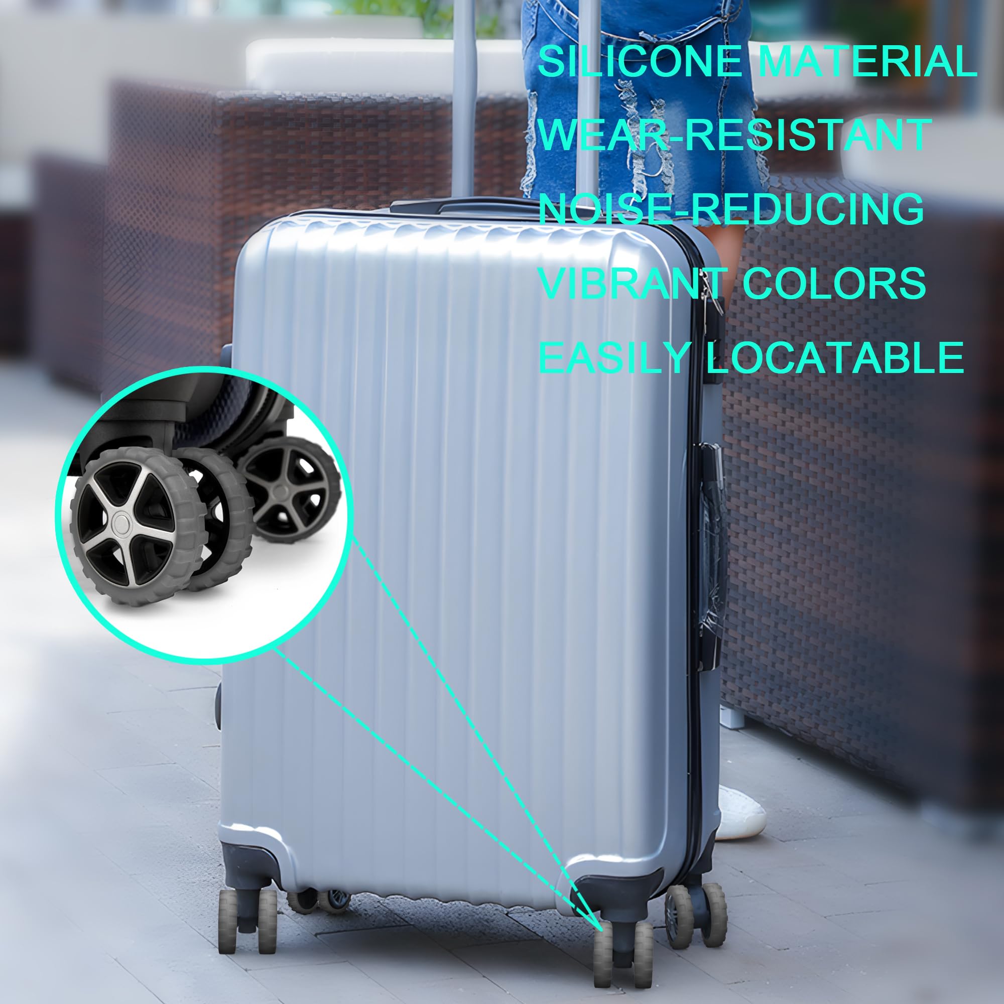 (8 Pack) Silicone Luggage Wheel Covers for 8-Spinner Wheel Suitcases - Durable, Noise-Reducing & Shock Absorbing Protectors for Smooth Travel (Grey) | Perfect for Airports, Hotels & Business Trips